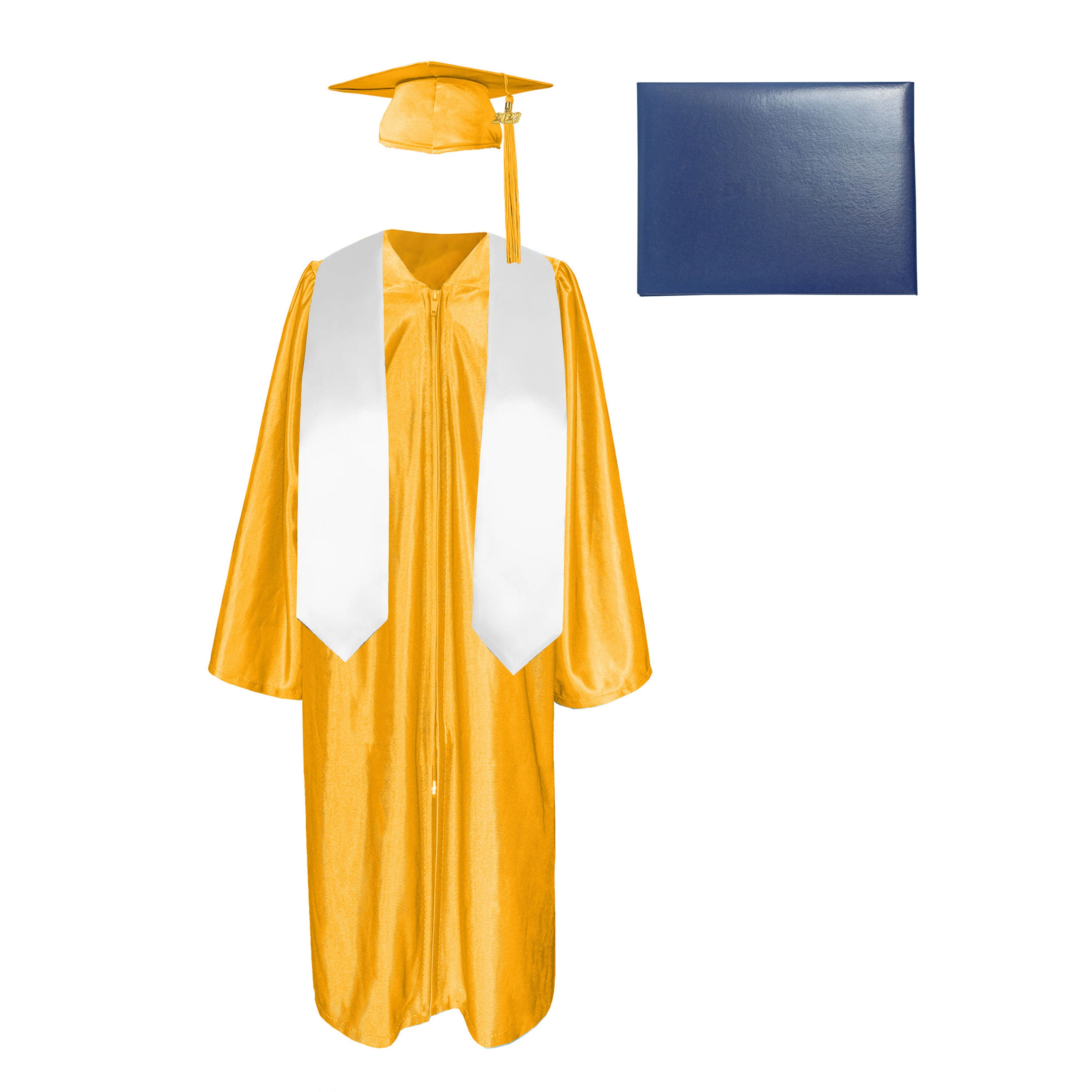 Shiny Cap, Gown, Tassel,Plain Graduation Stole 60” & Diploma Cover Package-CA graduation