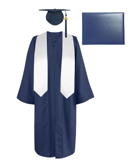 Matte Cap, Gown, Tassel,Plain Graduation Stole 60” & Diploma Cover Package-CA graduation