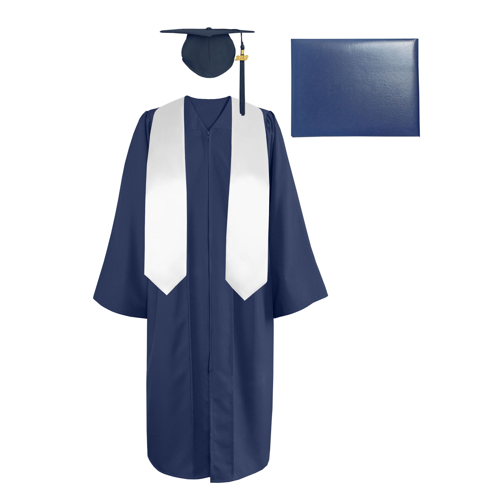 Matte Cap, Gown, Tassel,Plain Graduation Stole 60” & Diploma Cover Package-CA graduation