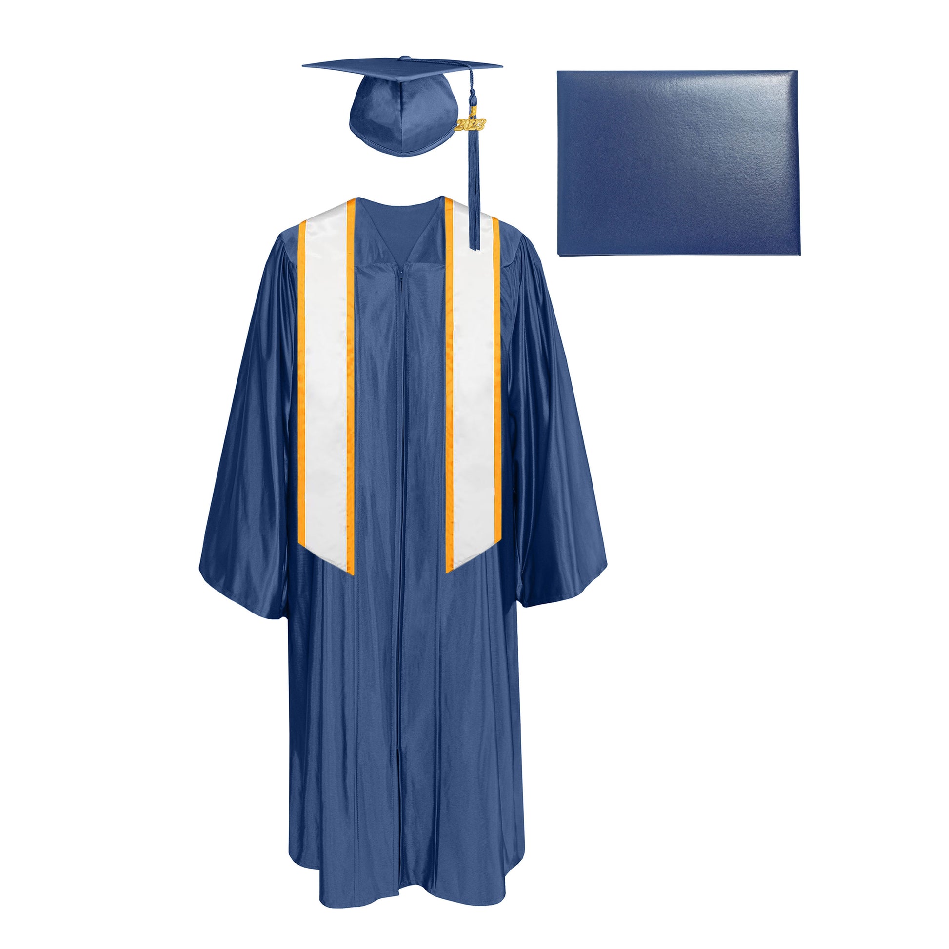 Shiny Cap, Gown, Tassel,Honor Stole Angled End with Trim 72” & Diploma Cover Package-CA graduation