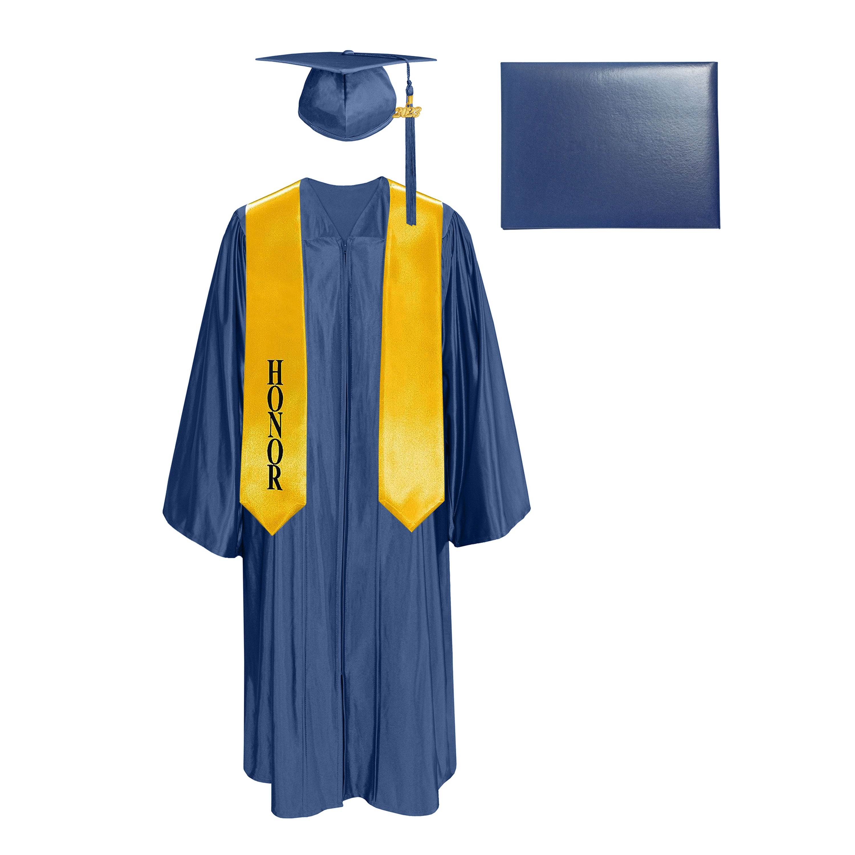 Shiny Cap, Gown, Tassel,Honor Stole 60”& Diploma Cover Package-CA graduation