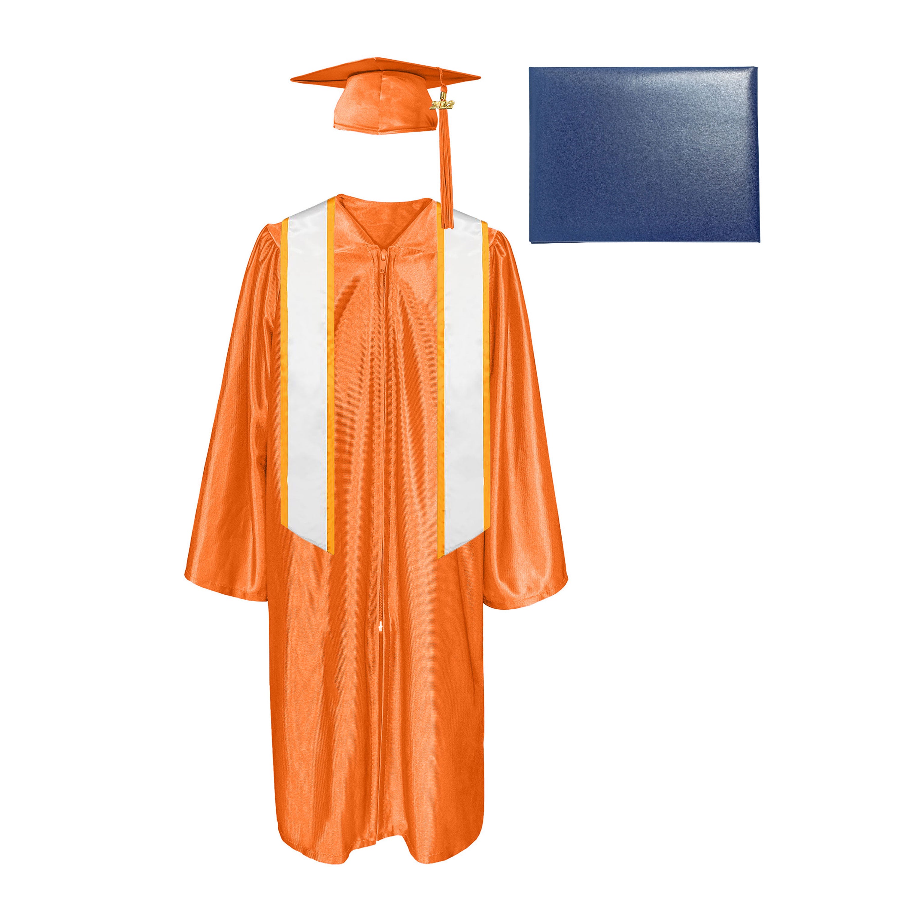 Shiny Cap, Gown, Tassel,Honor Stole Angled End with Trim 72” & Diploma Cover Package-CA graduation