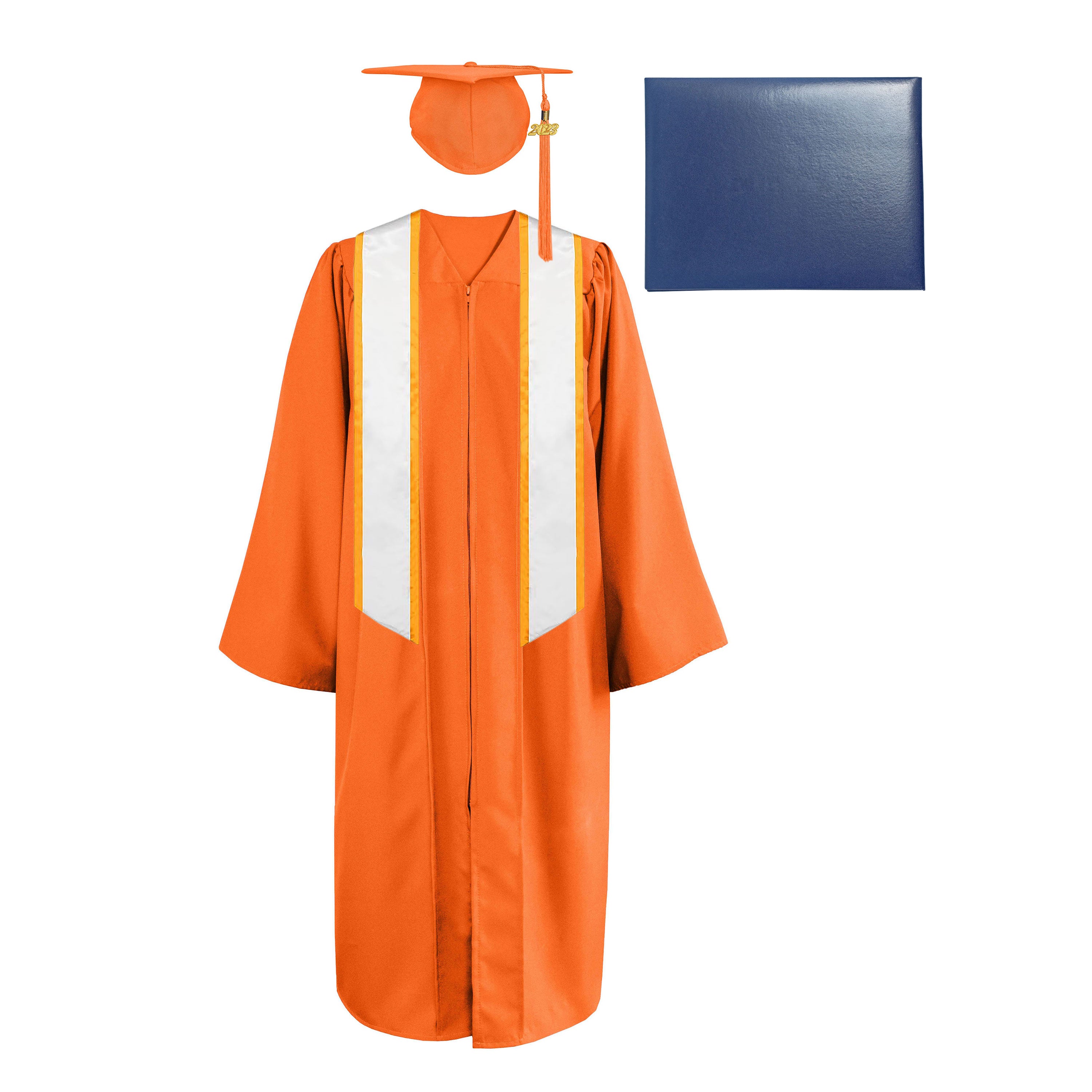 Matte Cap, Gown, Tassel,Honor Stole Angled End with Trim 72” & Diploma Cover Package-CA graduation