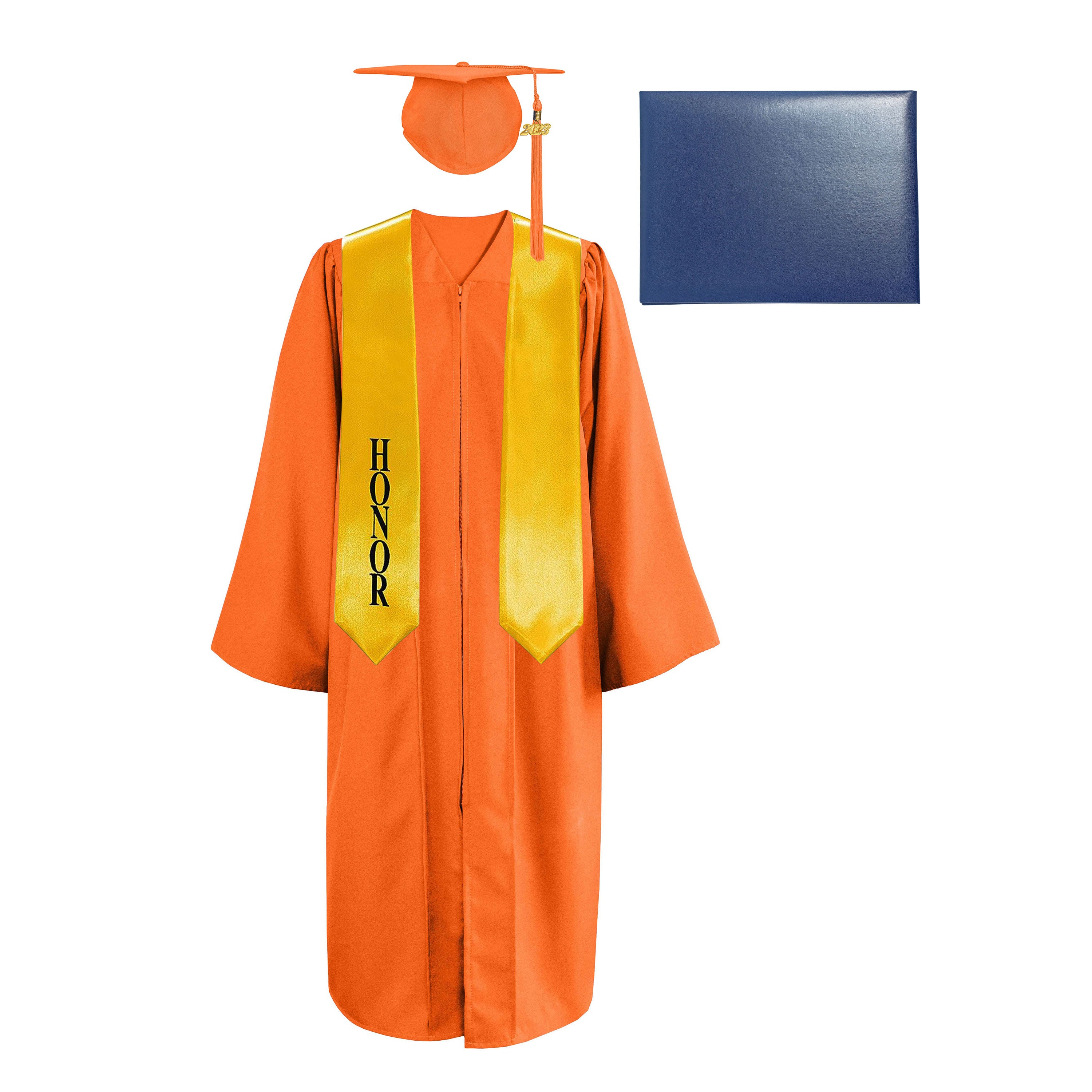Matte Cap, Gown, Tassel,Honor Stole 60”& Diploma Cover Package-CA graduation
