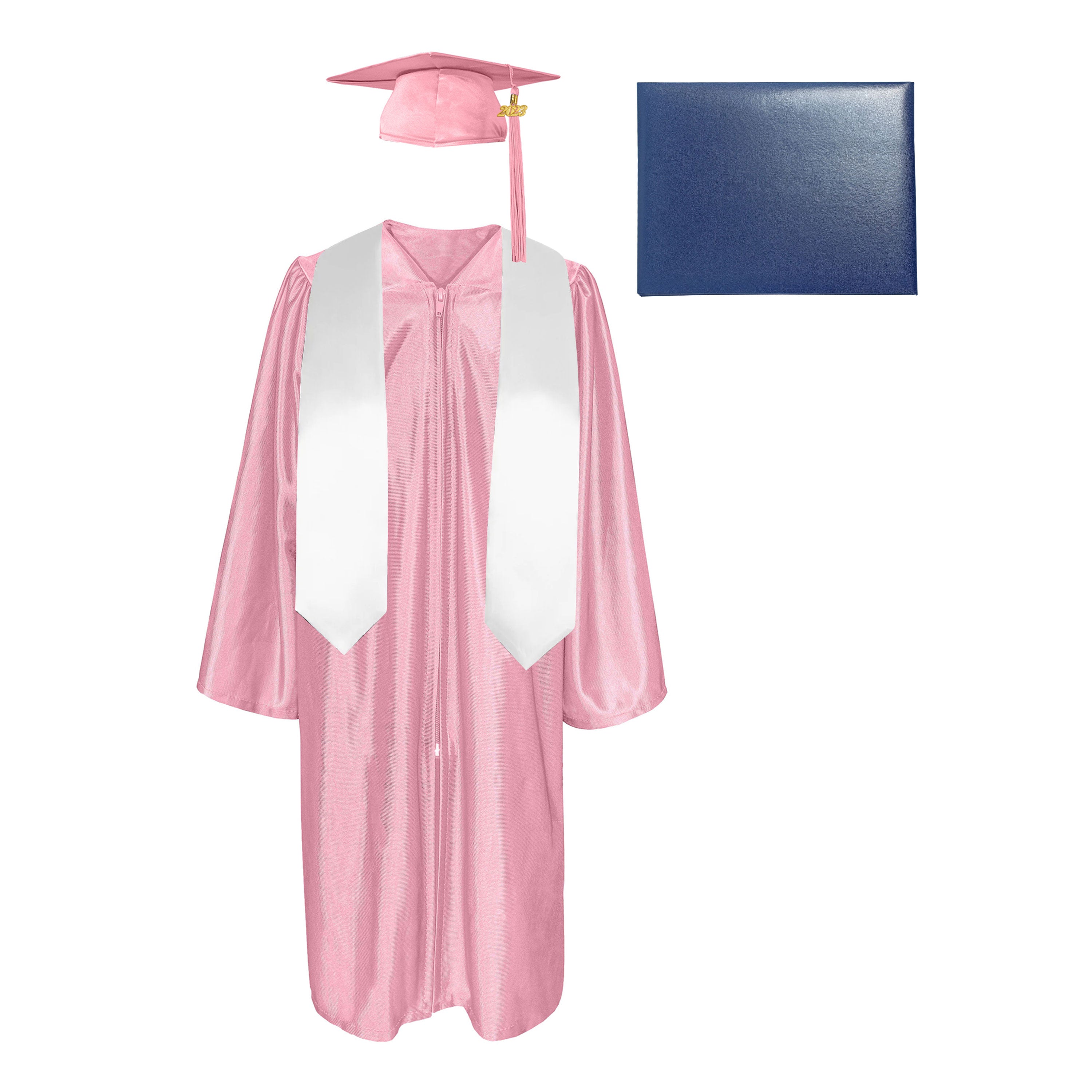 Shiny Cap, Gown, Tassel,Plain Graduation Stole 60” & Diploma Cover Package-CA graduation