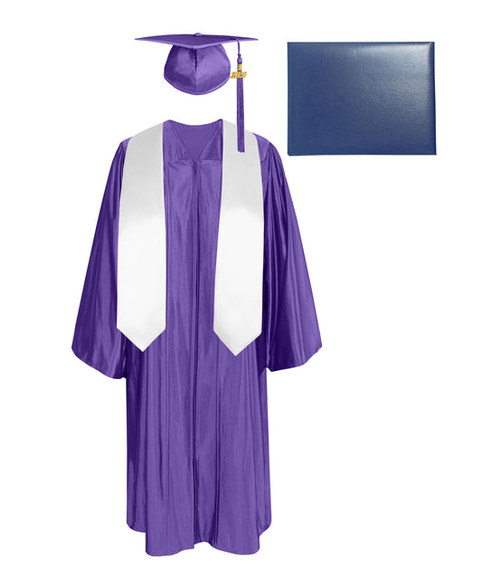 Shiny Cap, Gown, Tassel,Plain Graduation Stole 60” & Diploma Cover Package-CA graduation