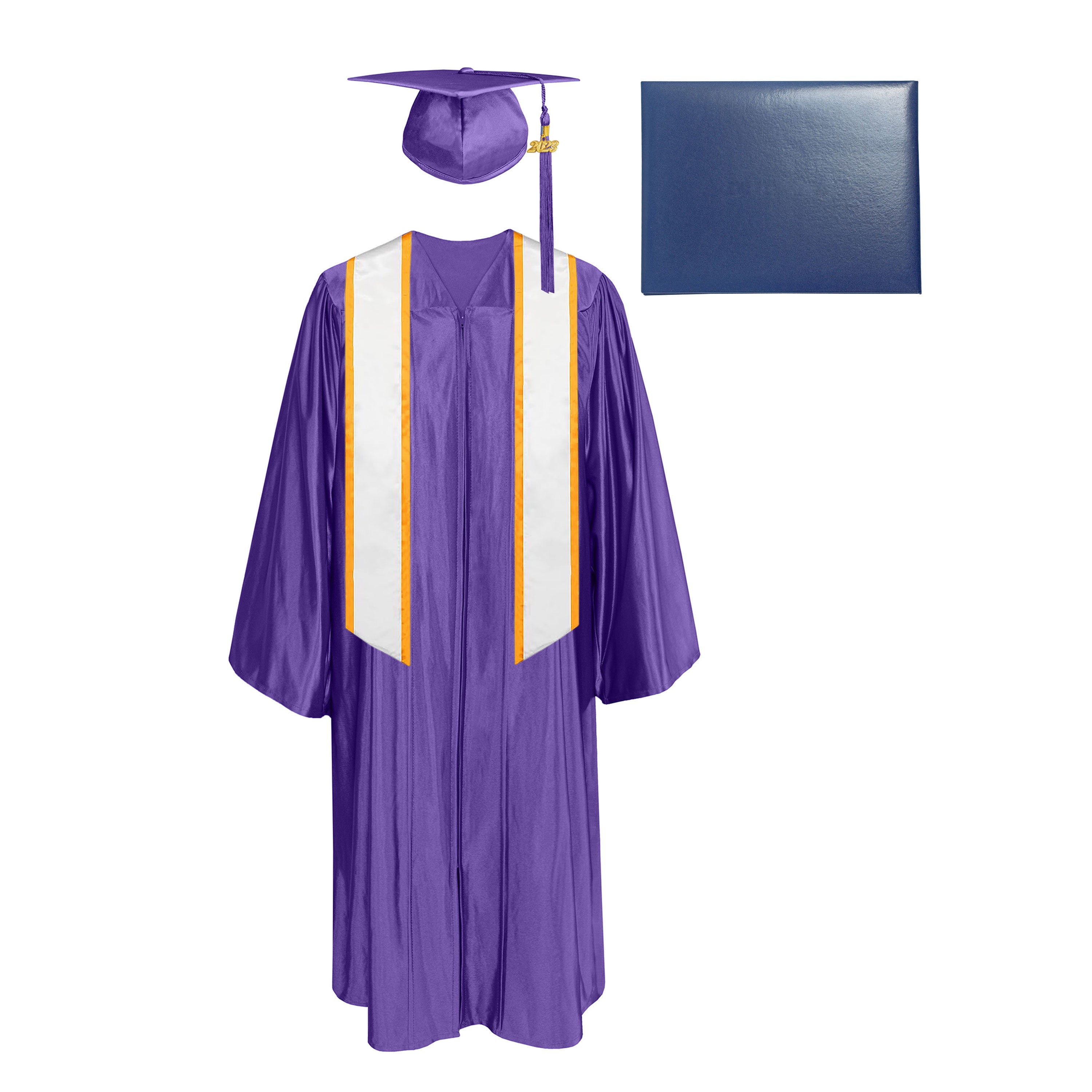 Shiny Cap, Gown, Tassel,Honor Stole Angled End with Trim 72” & Diploma Cover Package-CA graduation