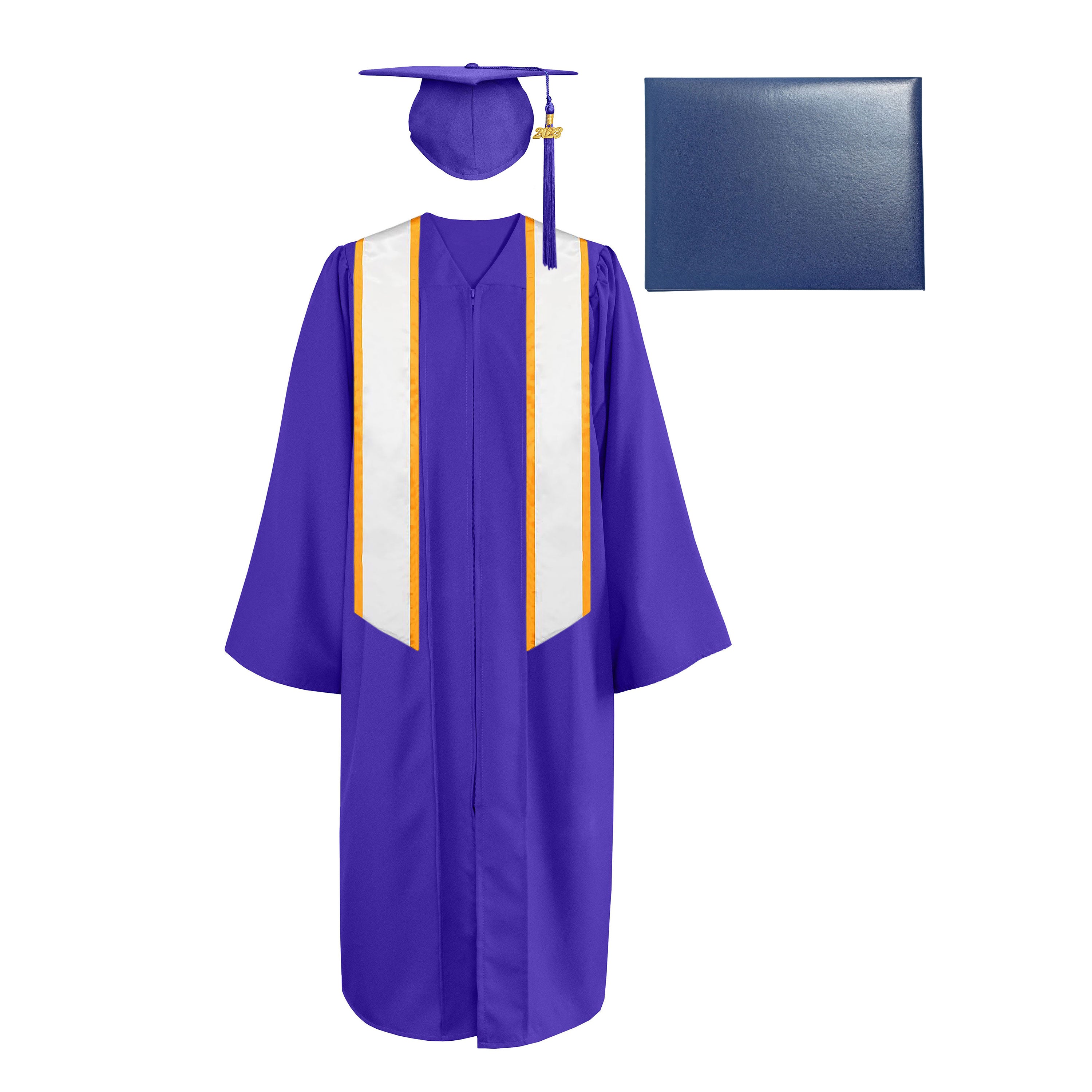 Matte Cap, Gown, Tassel,Honor Stole Angled End with Trim 72” & Diploma Cover Package-CA graduation
