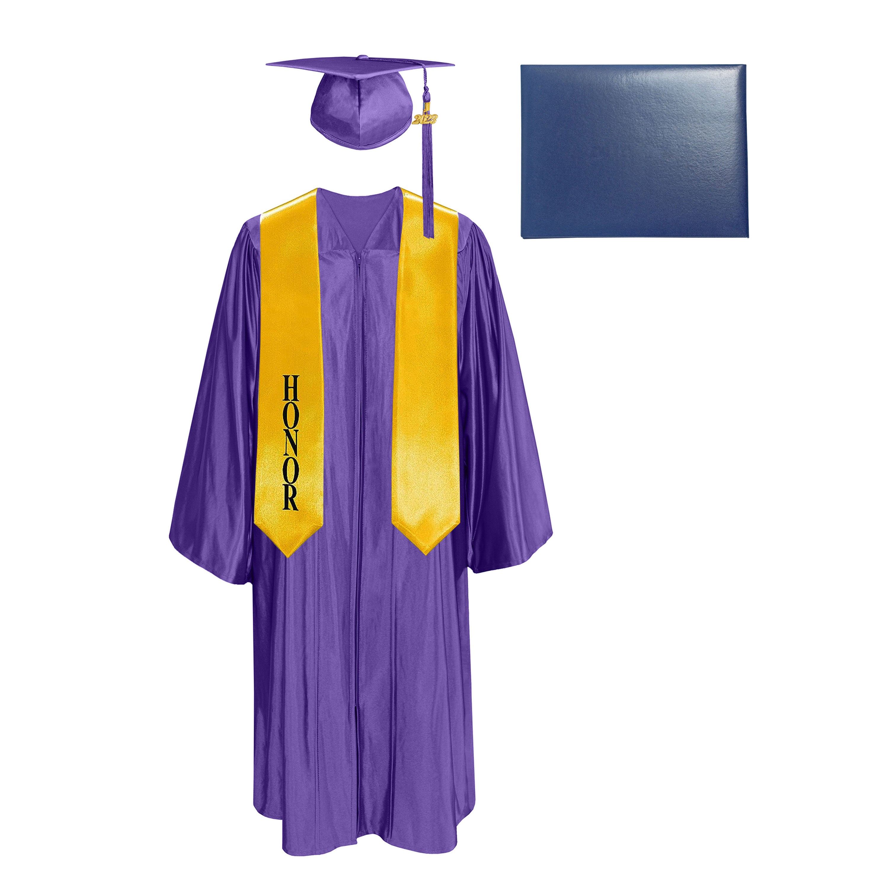 Shiny Cap, Gown, Tassel,Honor Stole 60”& Diploma Cover Package-CA graduation