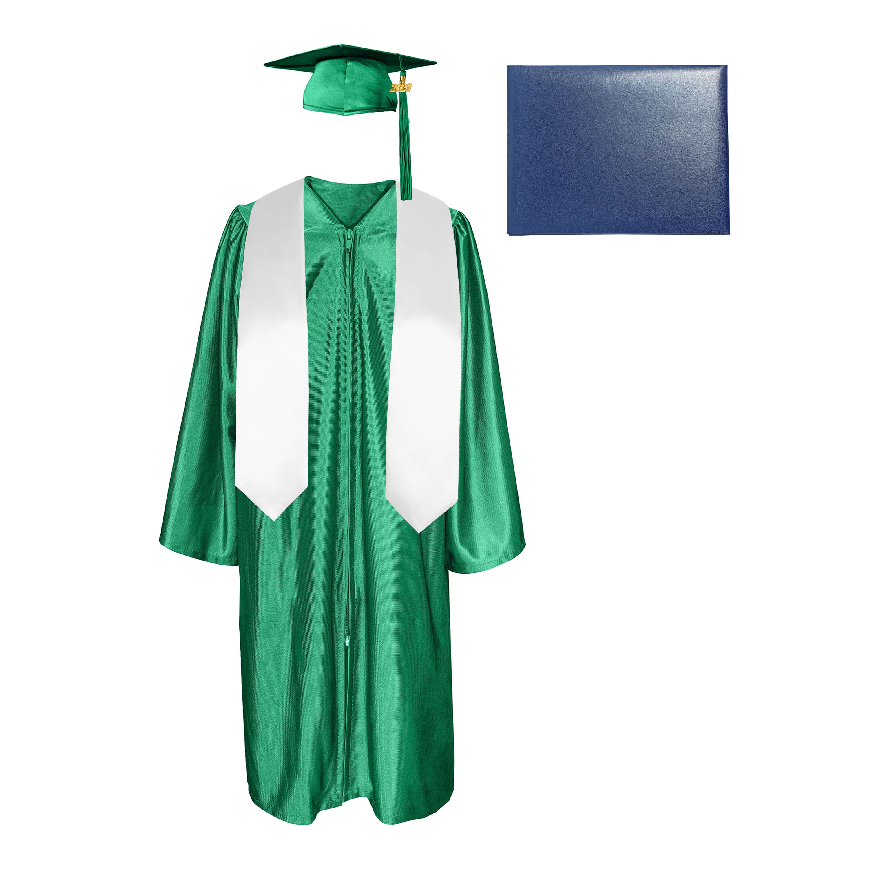 Shiny Cap, Gown, Tassel,Plain Graduation Stole 60” & Diploma Cover Package-CA graduation