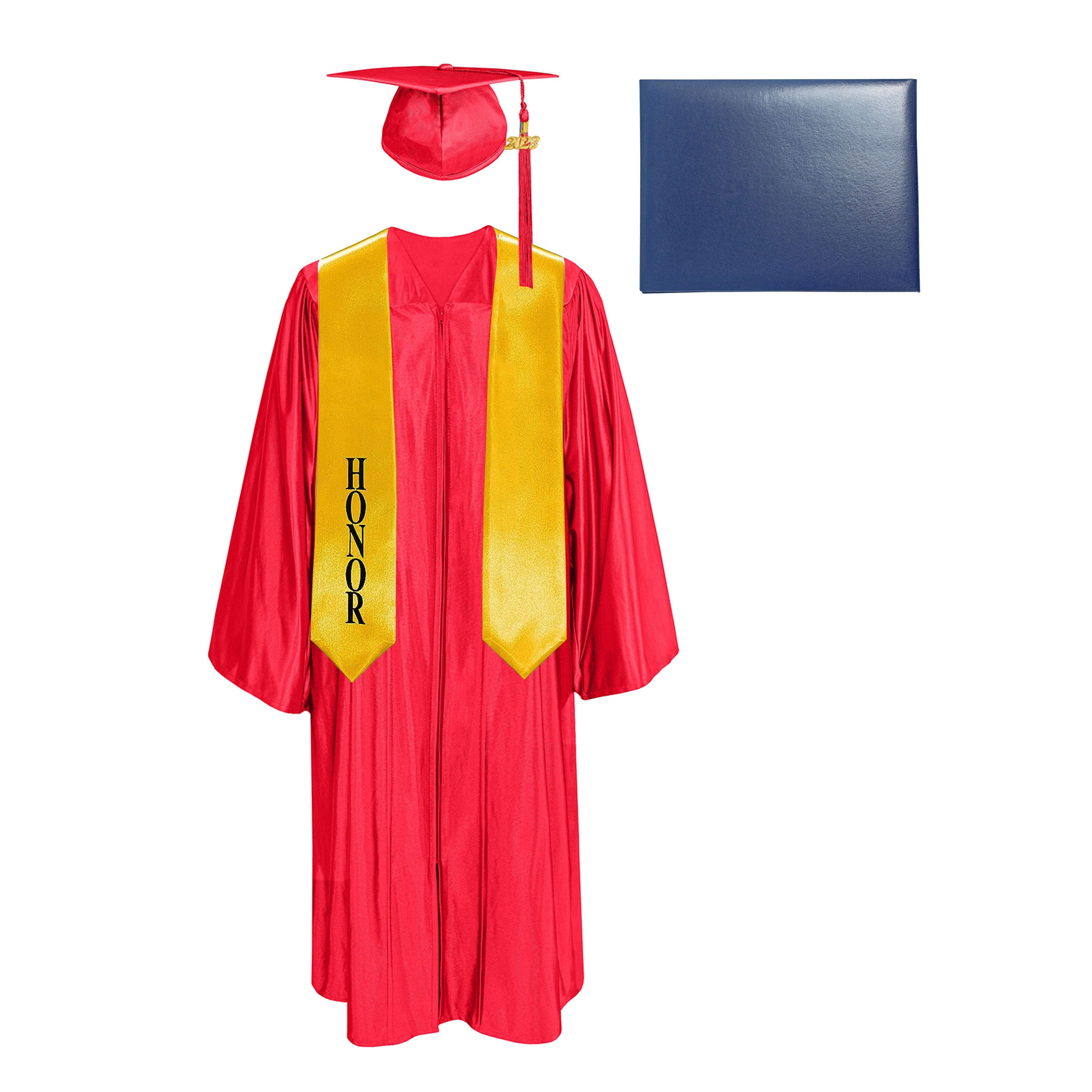 Shiny Cap, Gown, Tassel,Honor Stole 60”& Diploma Cover Package-CA graduation