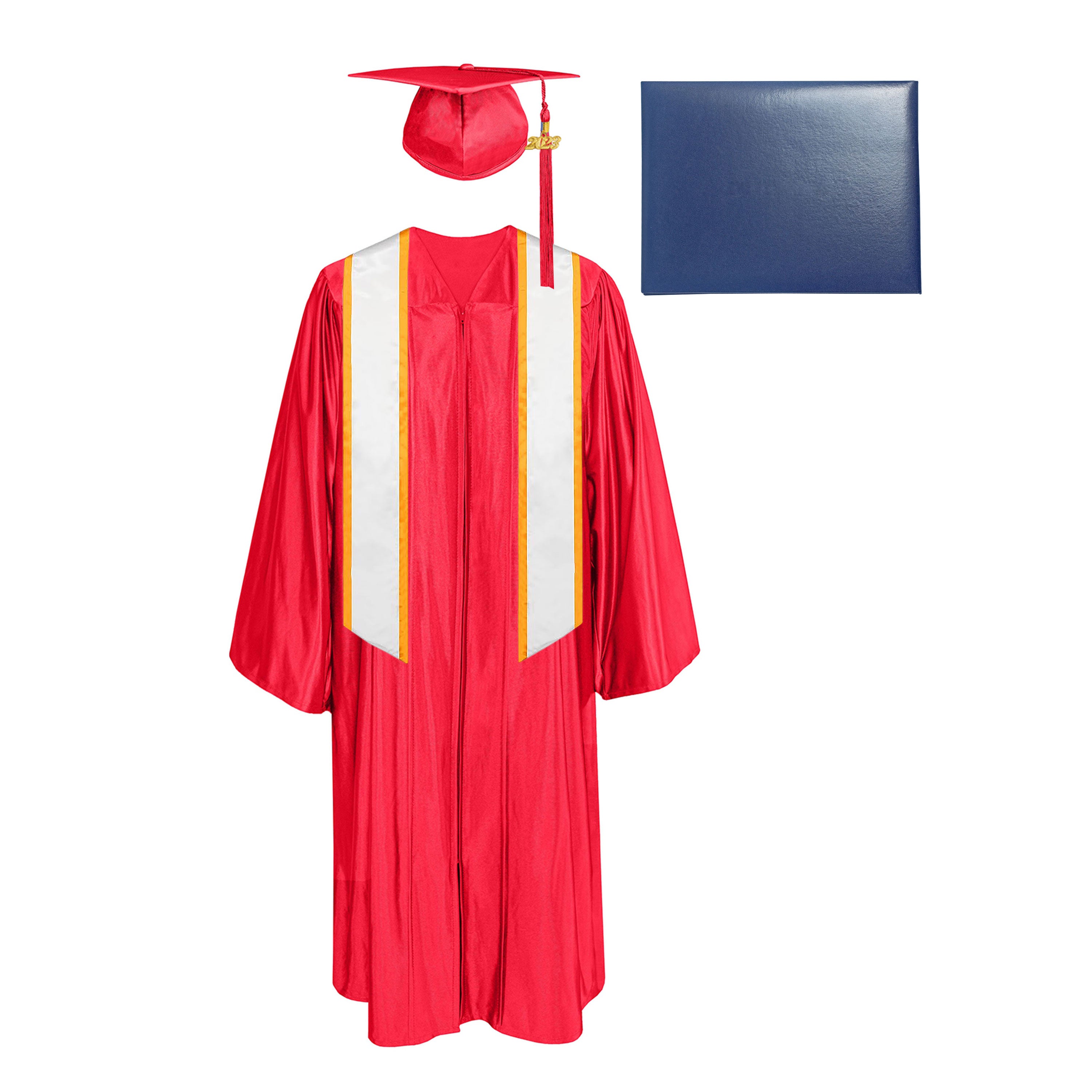 Shiny Cap, Gown, Tassel,Honor Stole Angled End with Trim 72” & Diploma Cover Package-CA graduation