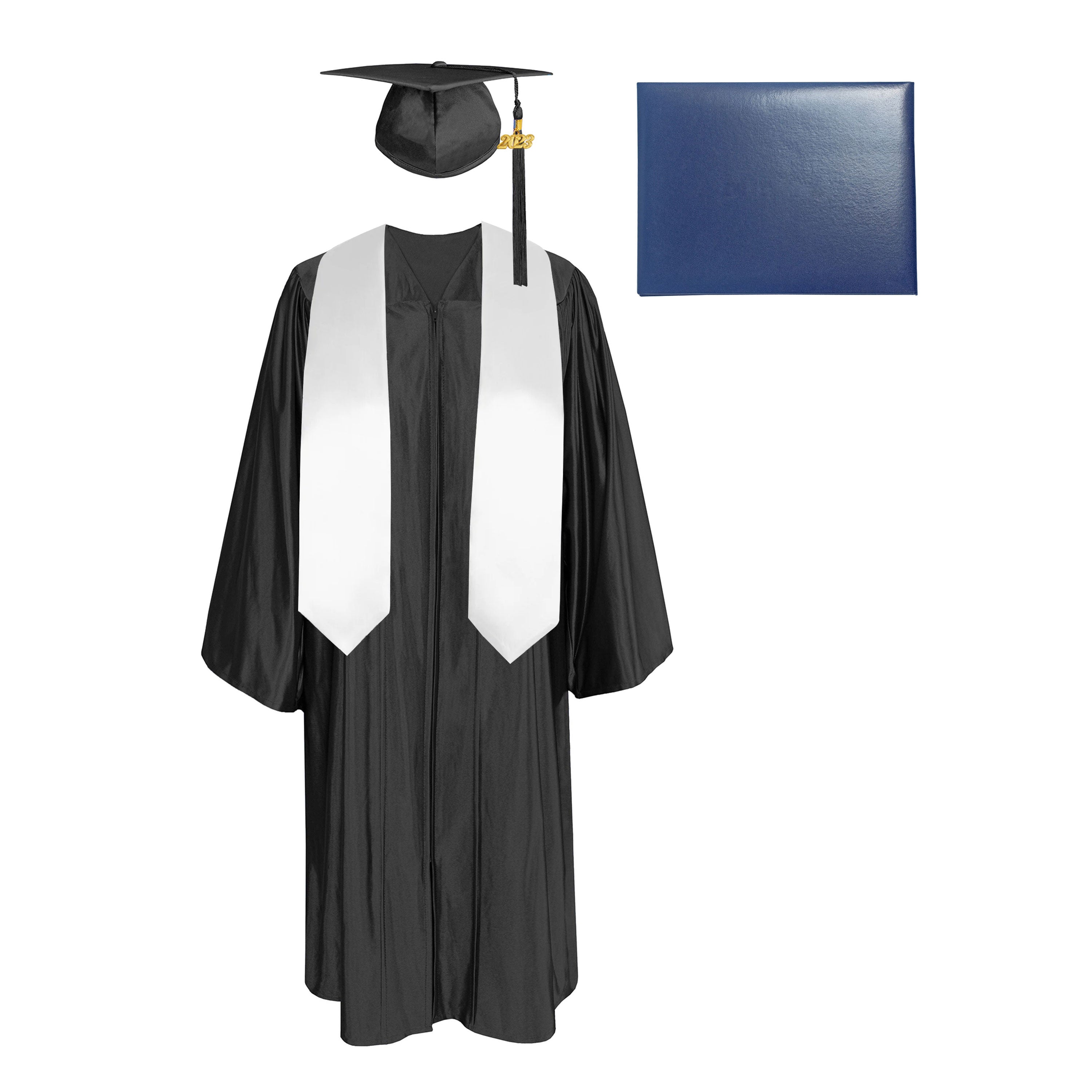 Shiny Cap, Gown, Tassel,Plain Graduation Stole 60” & Diploma Cover Package-CA graduation