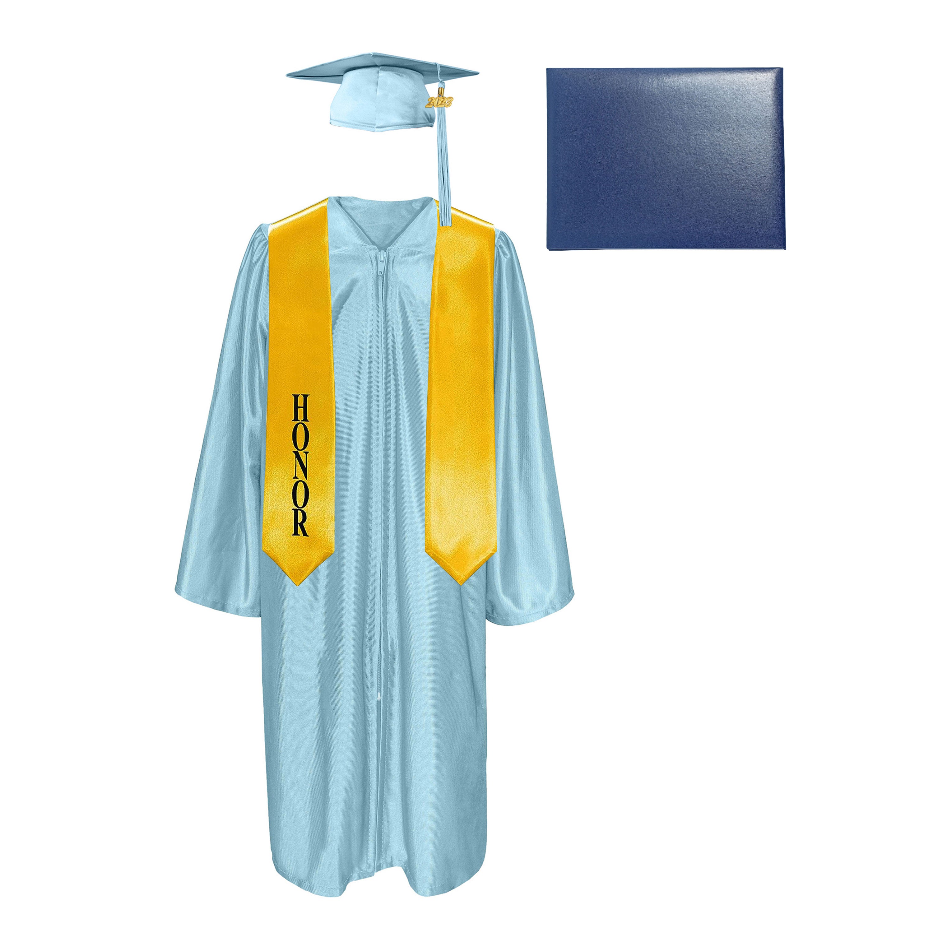 Shiny Cap, Gown, Tassel,Honor Stole 60”& Diploma Cover Package-CA graduation