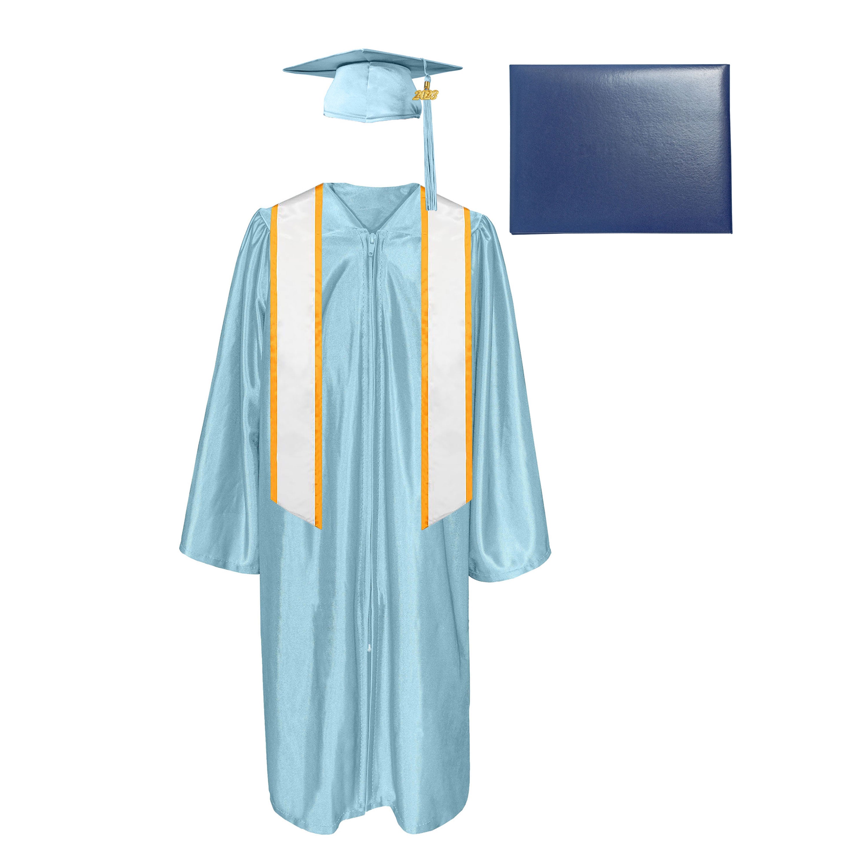 Shiny Cap, Gown, Tassel,Honor Stole Angled End with Trim 72” & Diploma Cover Package-CA graduation
