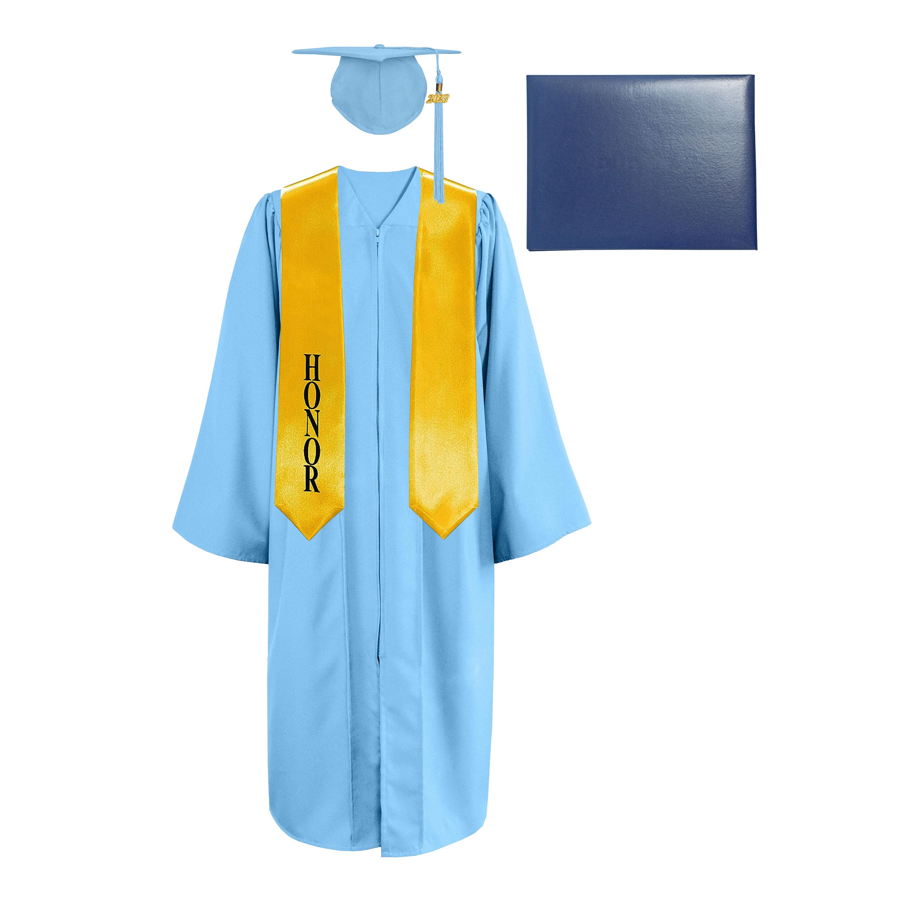 Matte Cap, Gown, Tassel,Honor Stole 60”& Diploma Cover Package-CA graduation