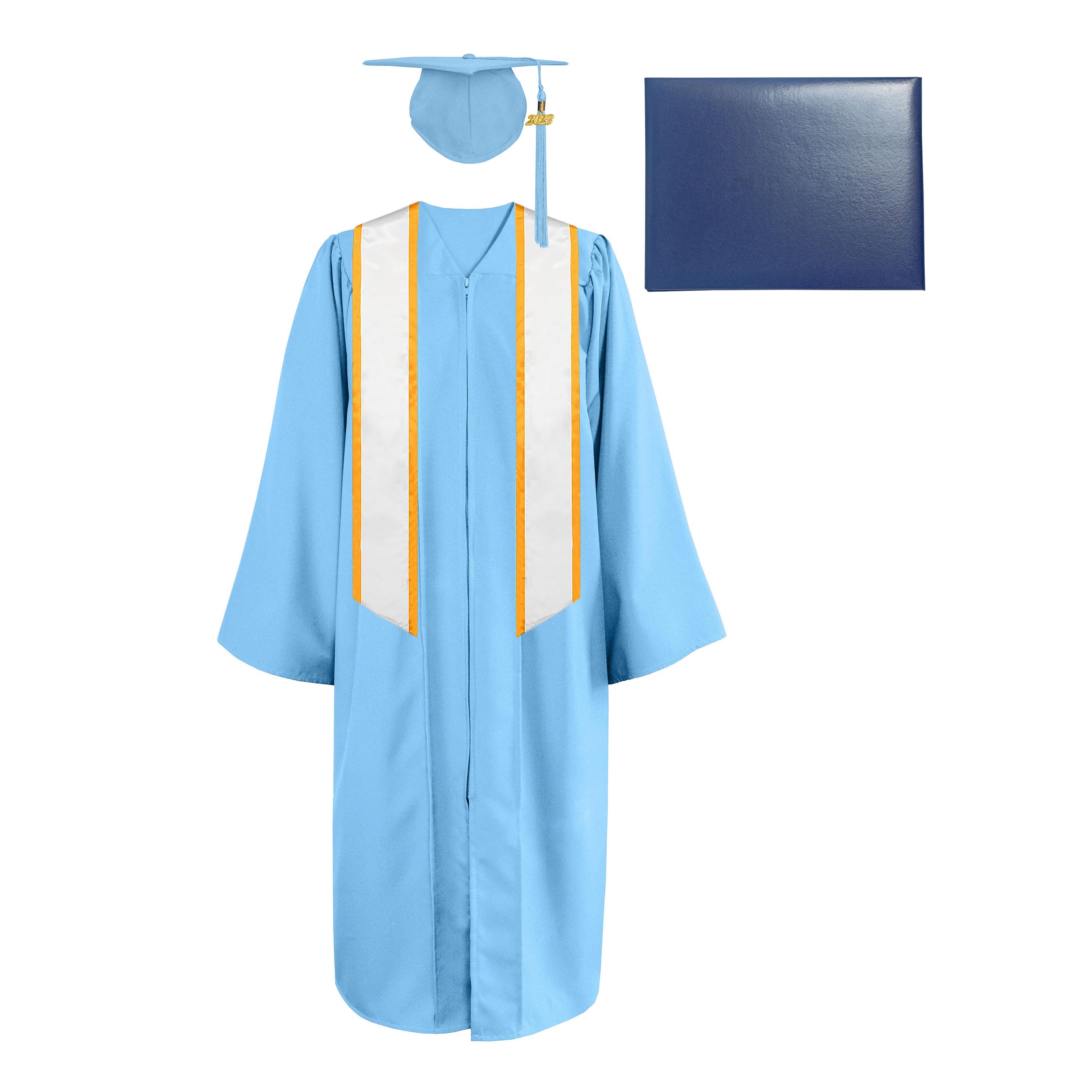 Matte Cap, Gown, Tassel,Honor Stole Angled End with Trim 72” & Diploma Cover Package-CA graduation