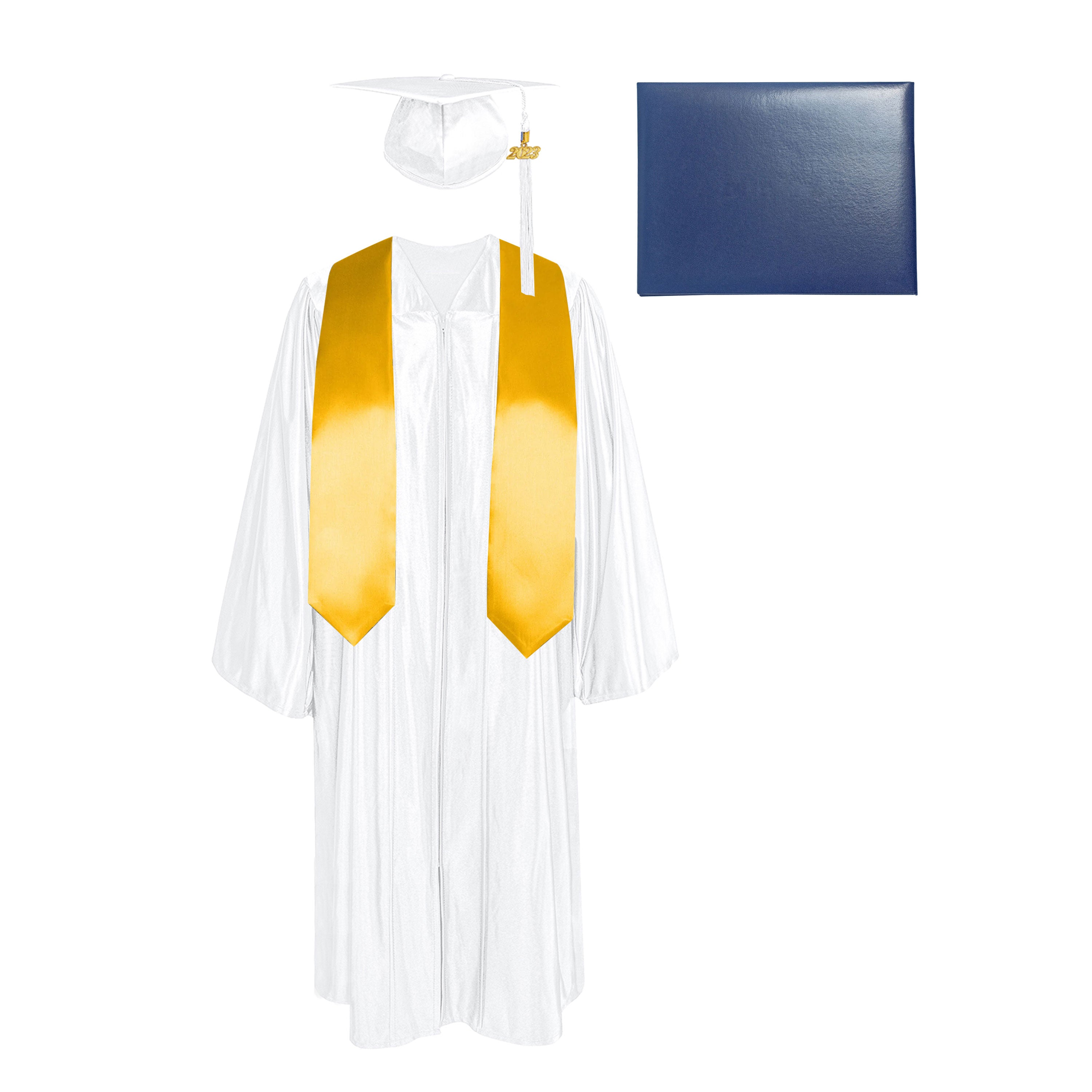 Shiny Cap, Gown, Tassel,Plain Graduation Stole 60” & Diploma Cover Package-CA graduation