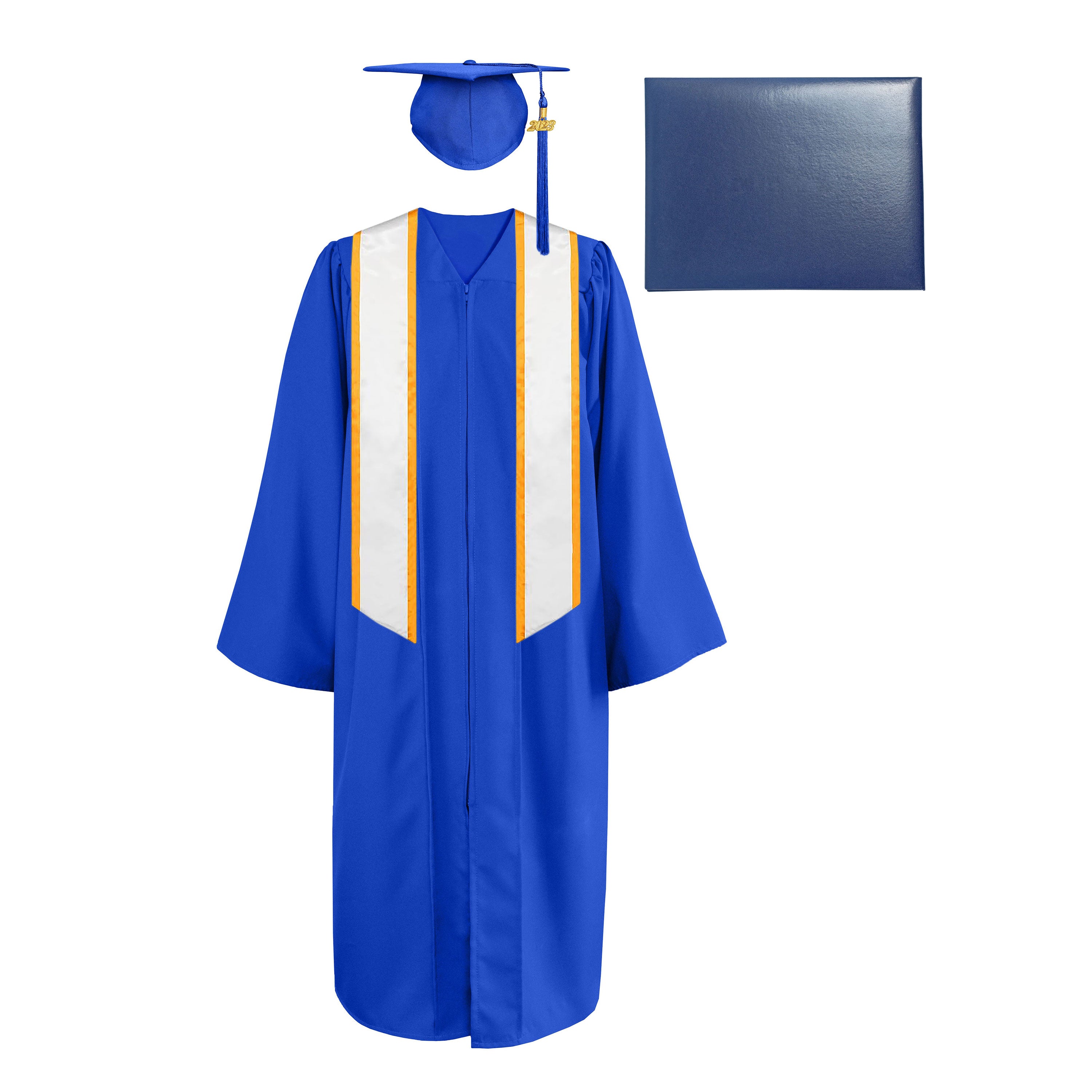 Matte Cap, Gown, Tassel,Honor Stole Angled End with Trim 72” & Diploma Cover Package-CA graduation