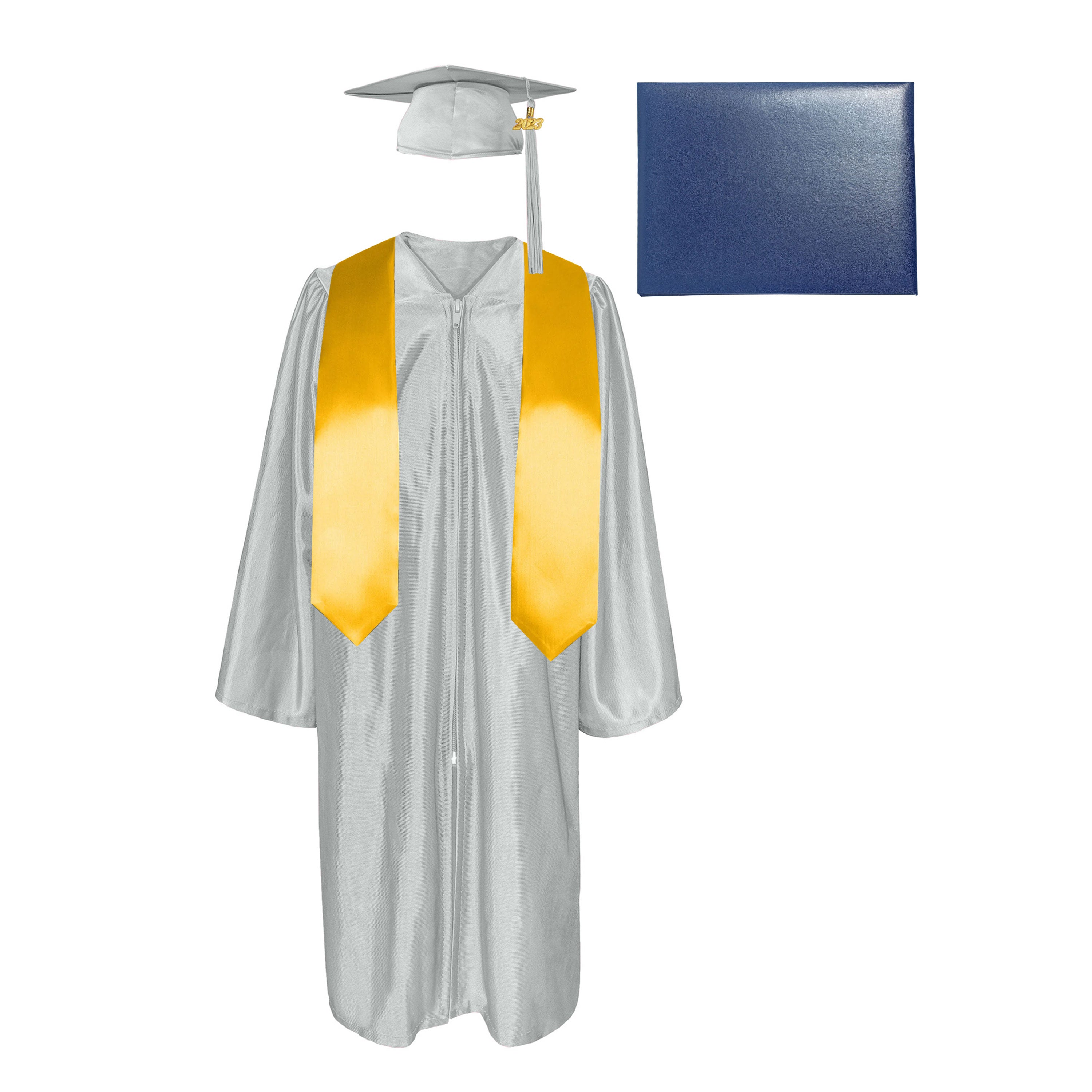 Shiny Cap, Gown, Tassel,Plain Graduation Stole 60” & Diploma Cover Package-CA graduation