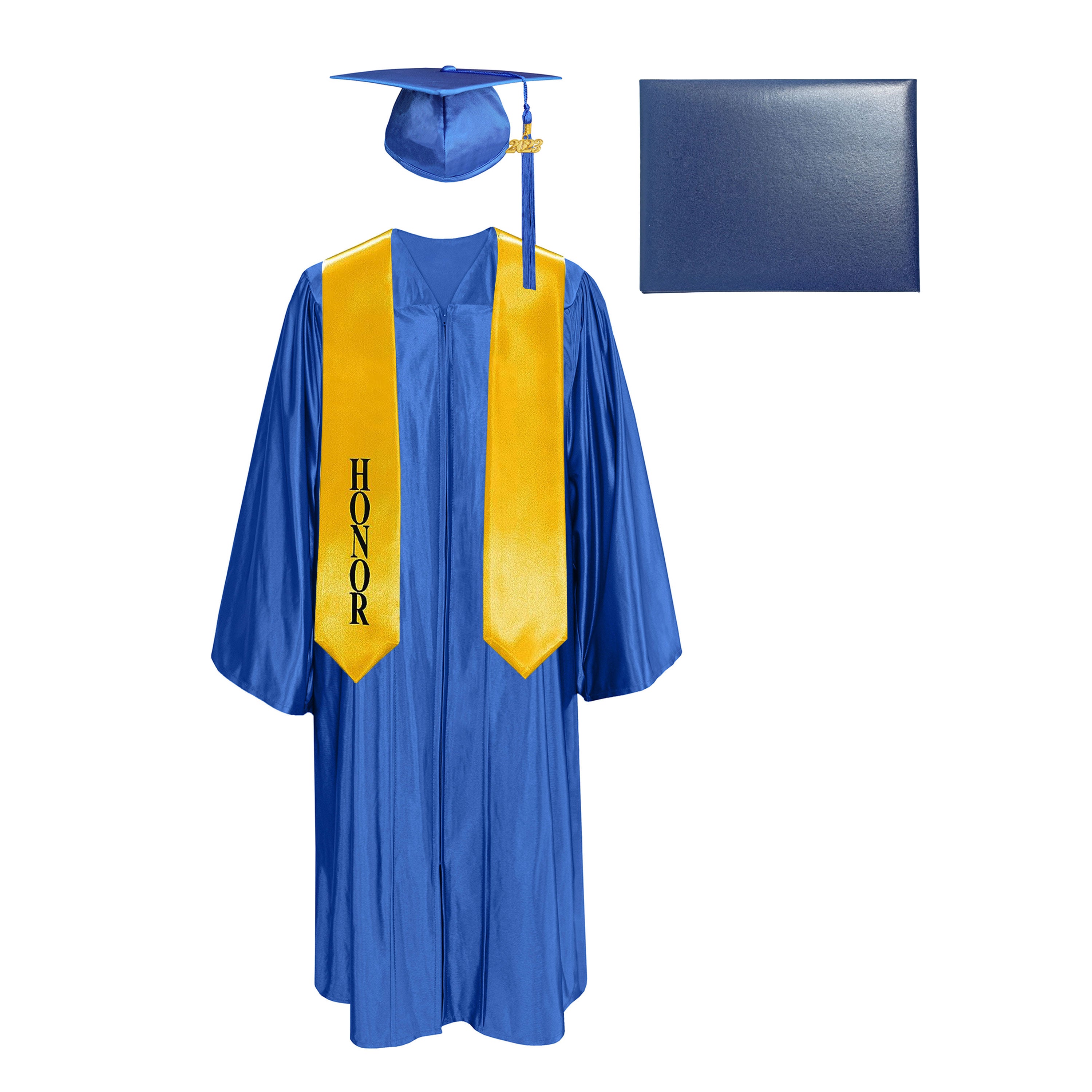Shiny Cap, Gown, Tassel,Honor Stole 60”& Diploma Cover Package-CA graduation