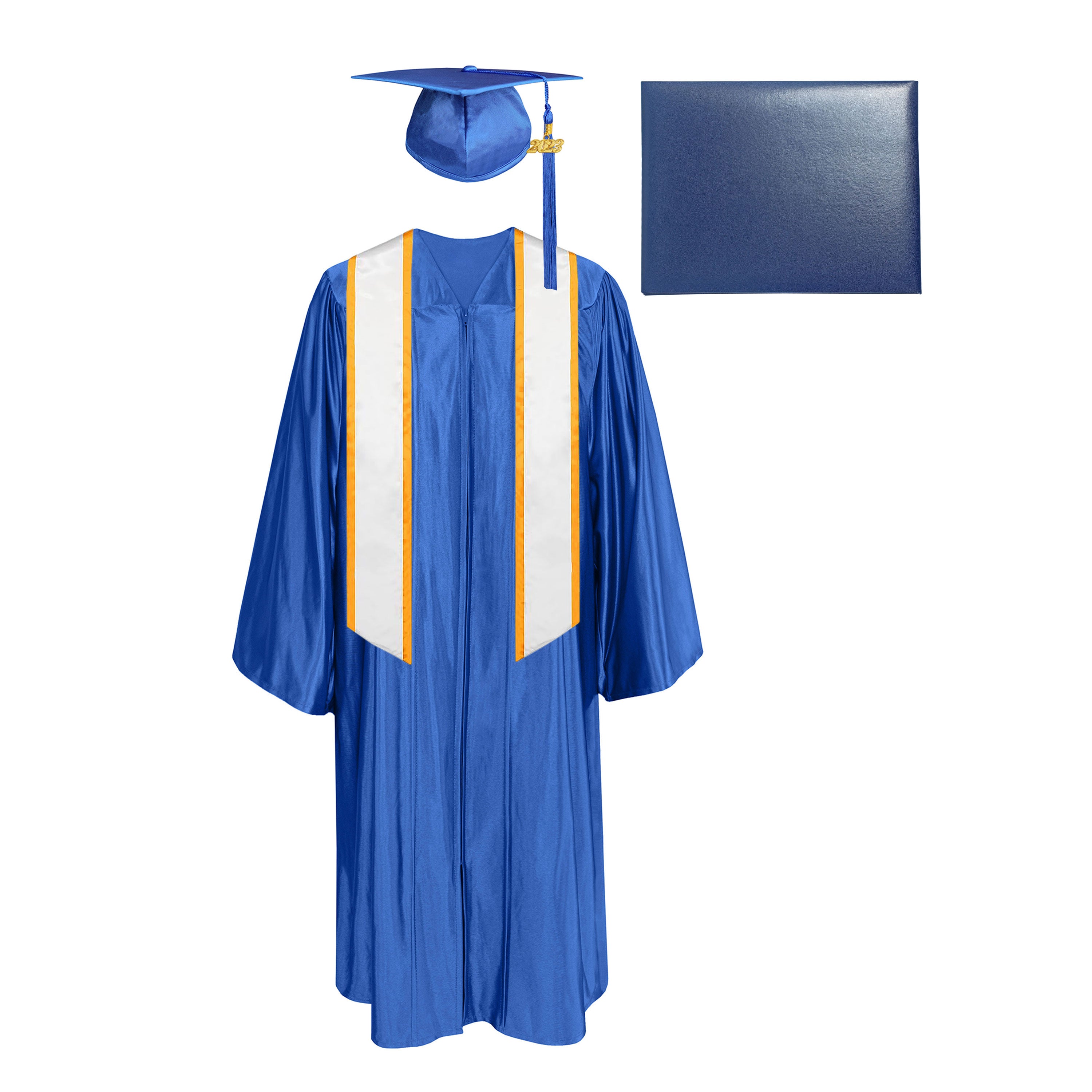 Shiny Cap, Gown, Tassel,Honor Stole Angled End with Trim 72” & Diploma Cover Package-CA graduation