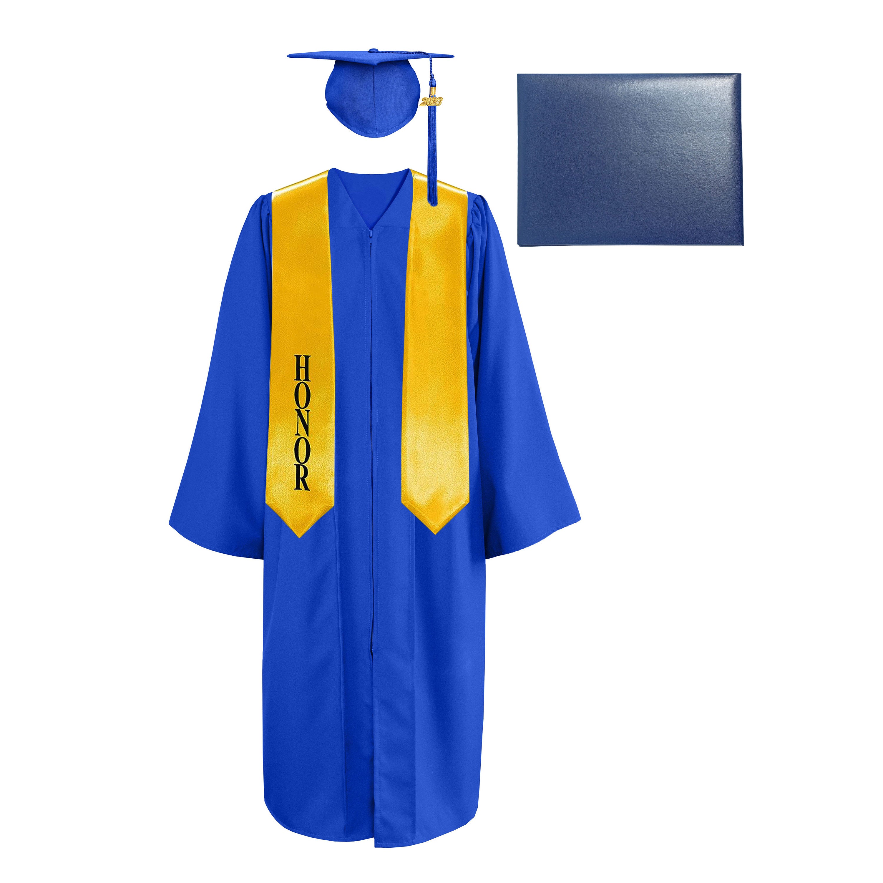 Matte Cap, Gown, Tassel,Honor Stole 60”& Diploma Cover Package-CA graduation