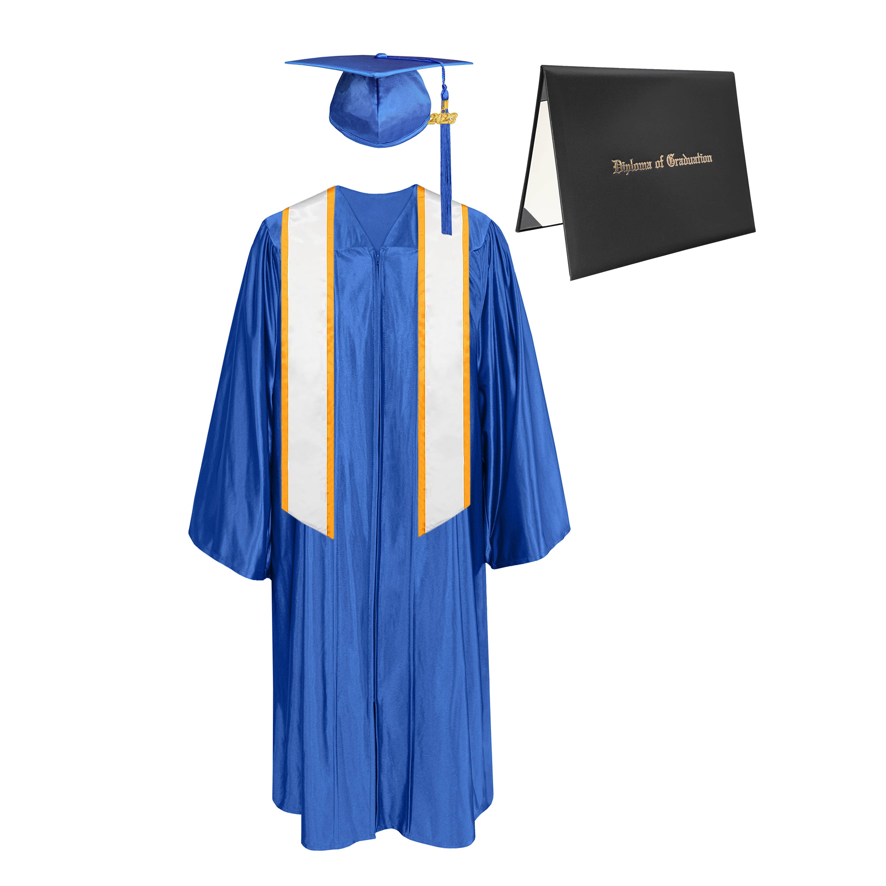 Shiny Cap, Gown, Tassel,Honor Stole Angled End with Trim 72” & Diploma Cover Package-CA graduation