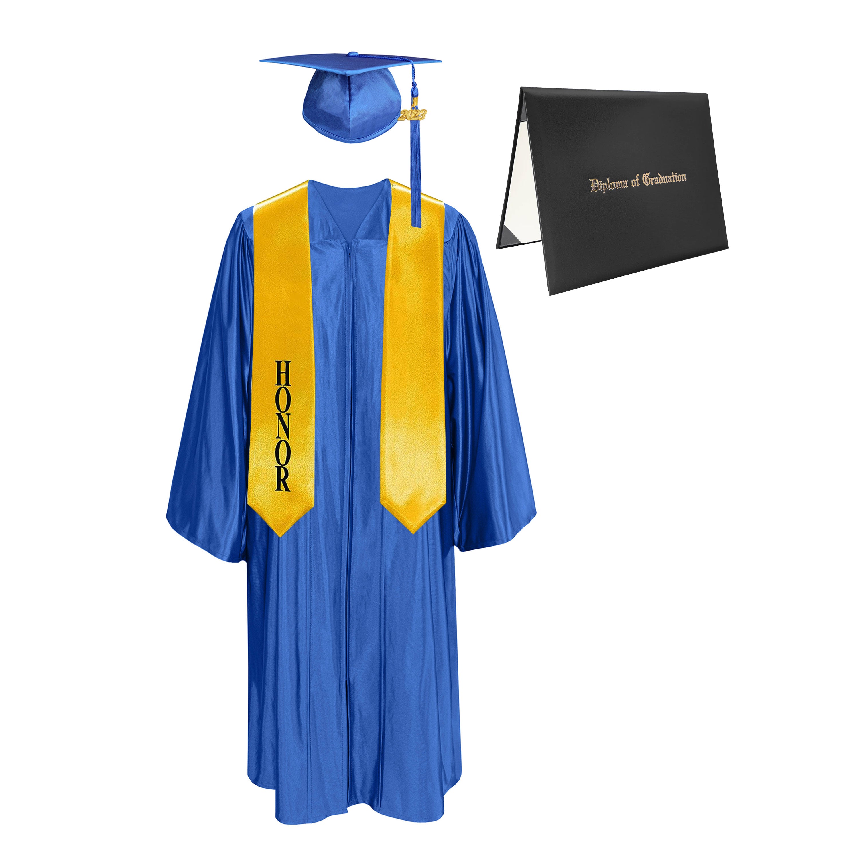 Shiny Cap, Gown, Tassel,Honor Stole 60”& Diploma Cover Package-CA graduation