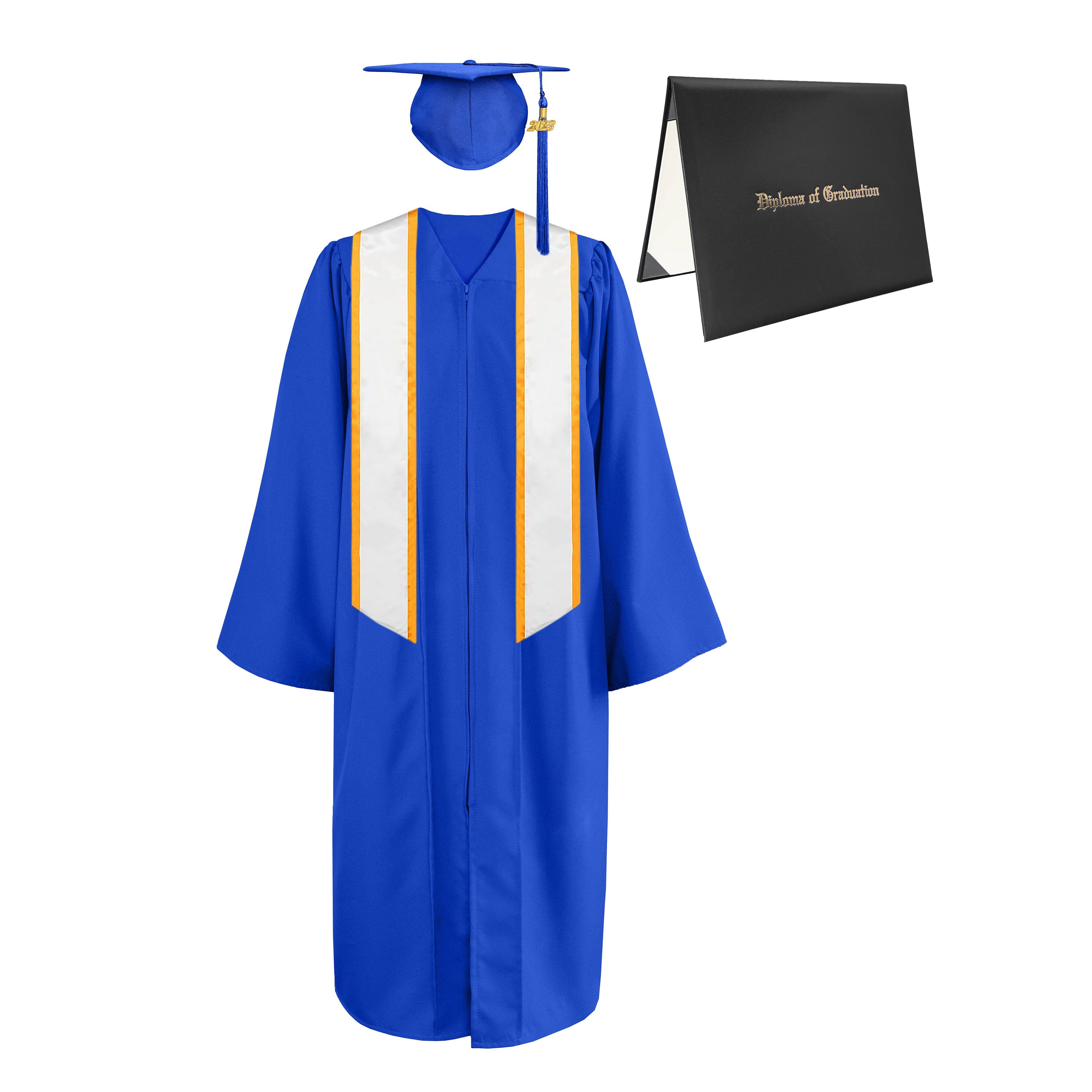 Matte Cap, Gown, Tassel,Honor Stole Angled End with Trim 72” & Diploma Cover Package-CA graduation