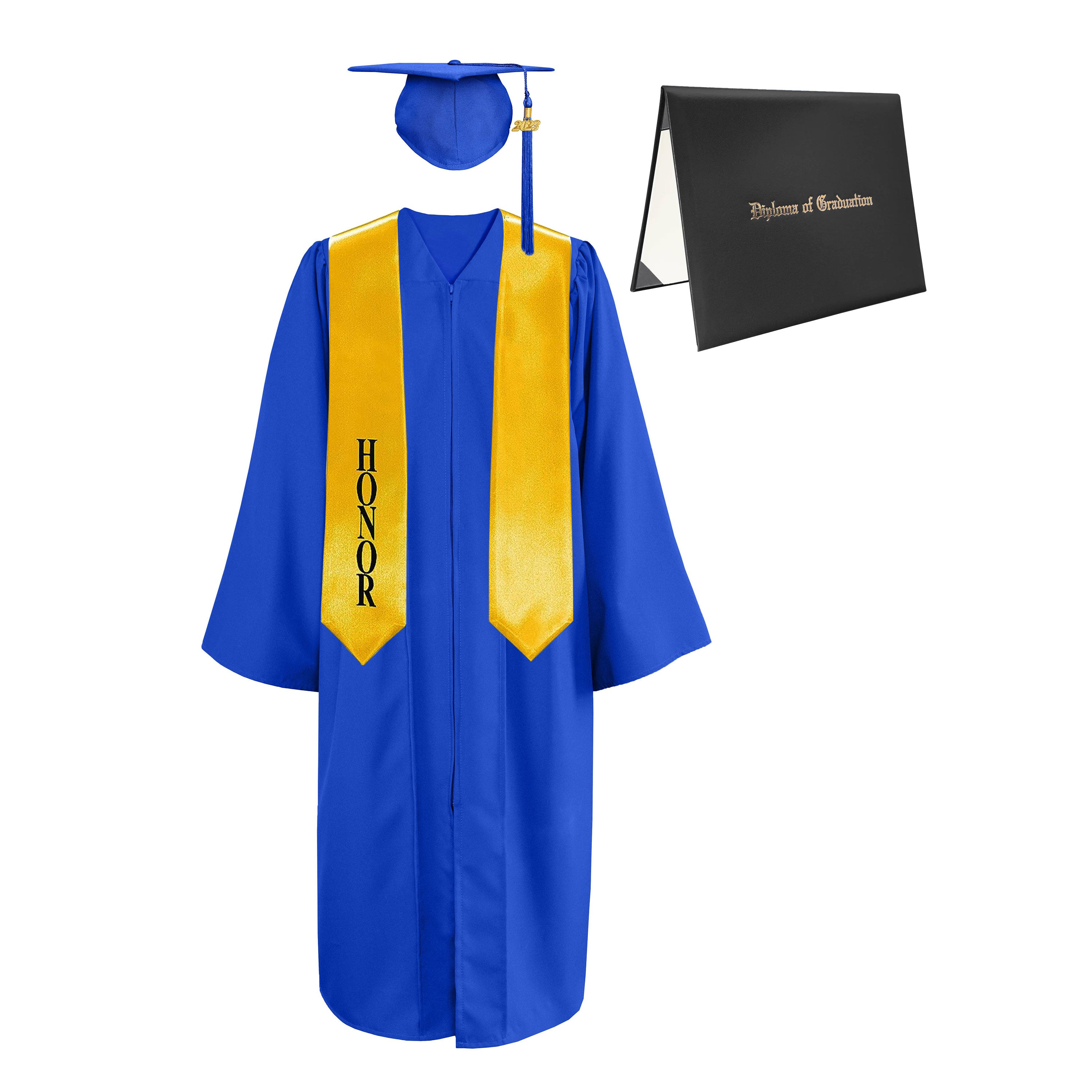 Matte Cap, Gown, Tassel,Honor Stole 60”& Diploma Cover Package-CA graduation