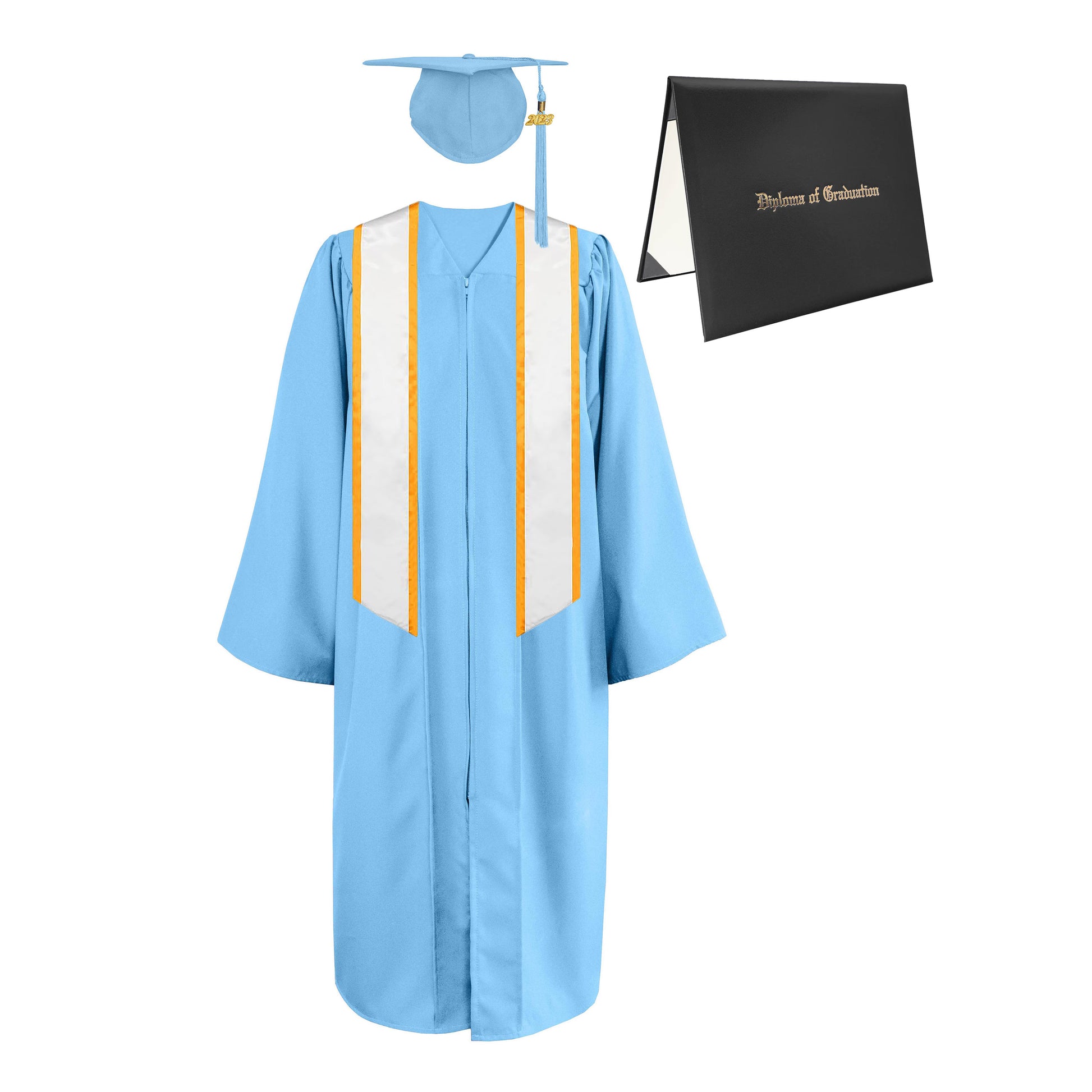 Matte Cap, Gown, Tassel,Honor Stole Angled End with Trim 72” & Diploma Cover Package-CA graduation