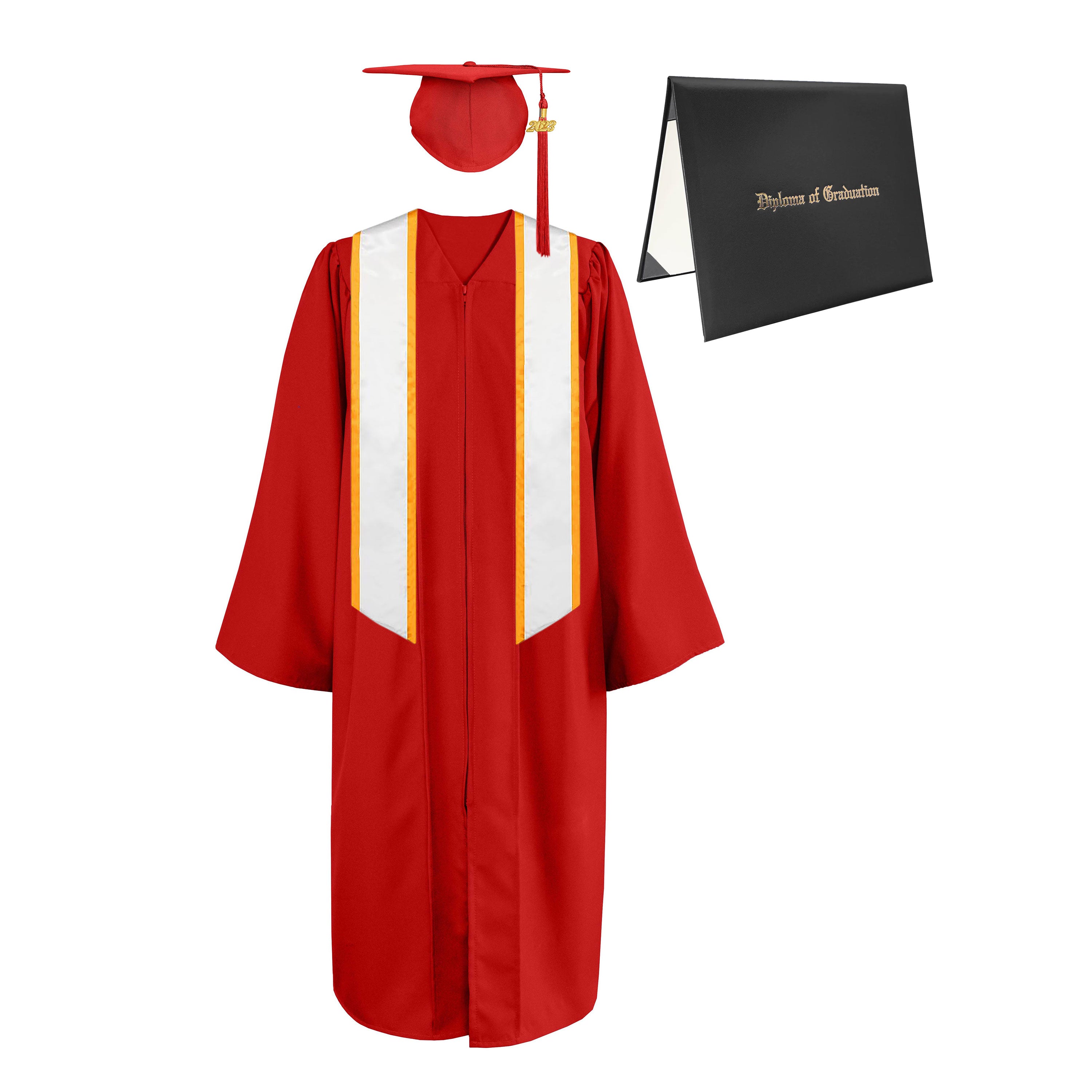 Matte Cap, Gown, Tassel,Honor Stole Angled End with Trim 72” & Diploma Cover Package-CA graduation