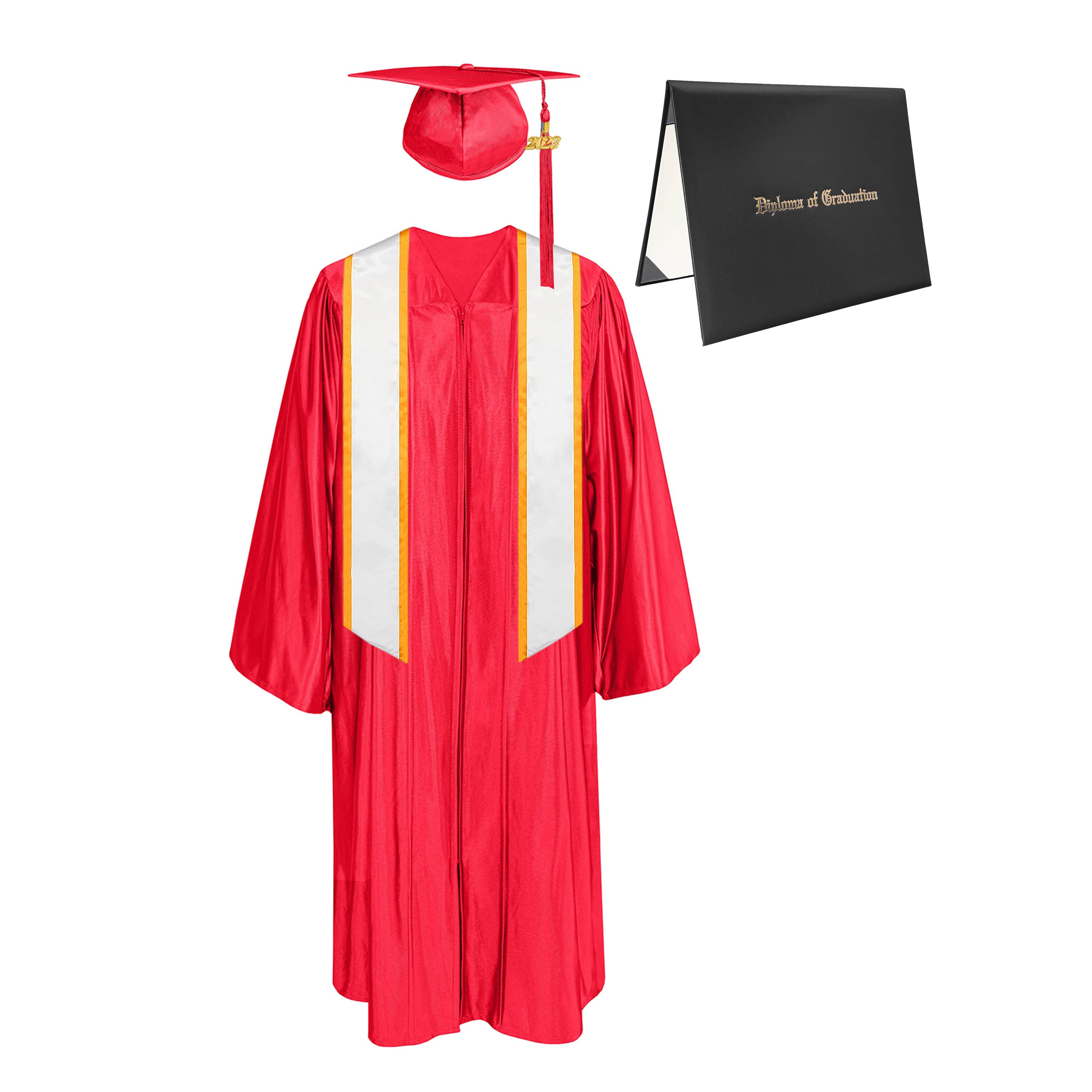 Shiny Cap, Gown, Tassel,Honor Stole Angled End with Trim 72” & Diploma Cover Package-CA graduation