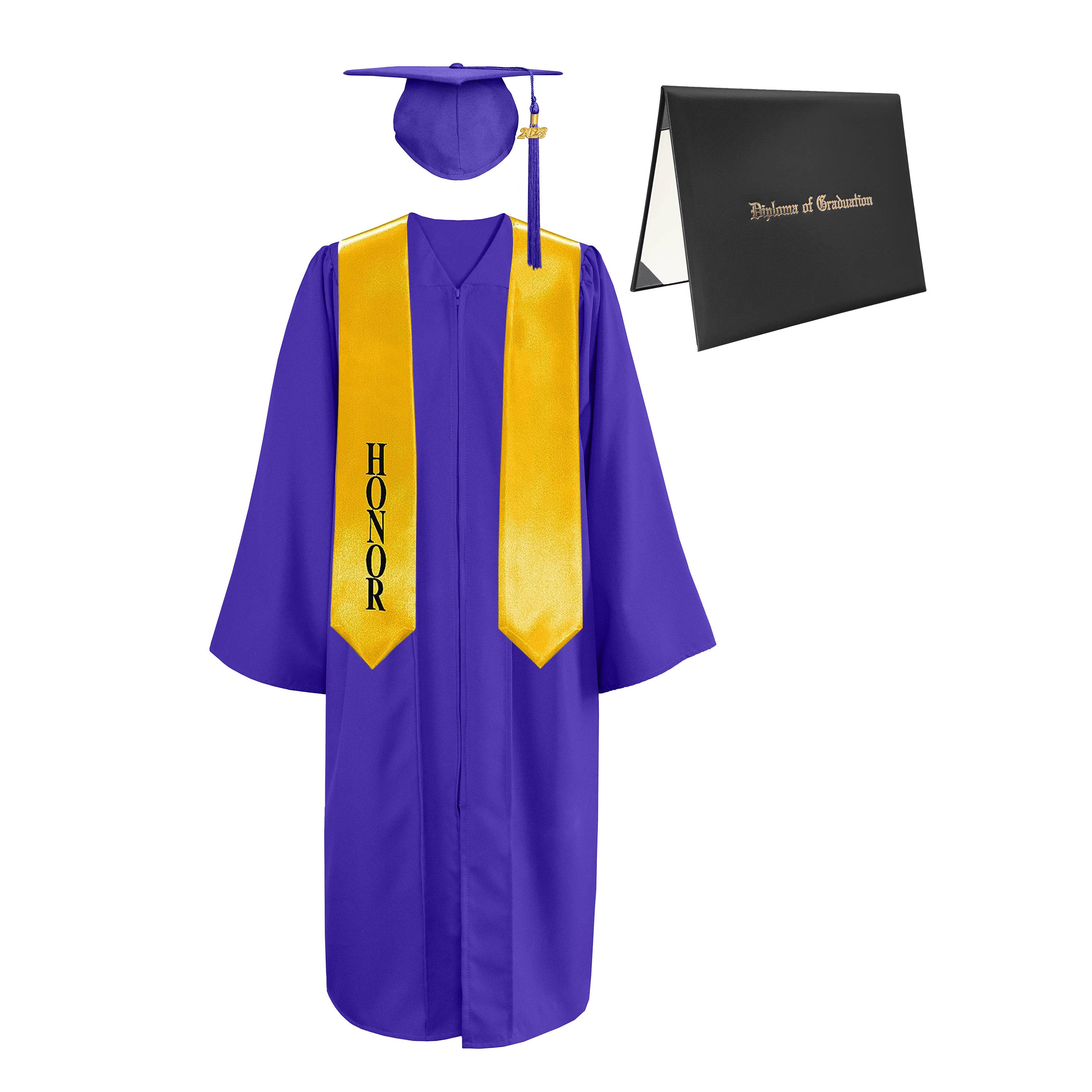Matte Cap, Gown, Tassel,Honor Stole 60”& Diploma Cover Package-CA graduation