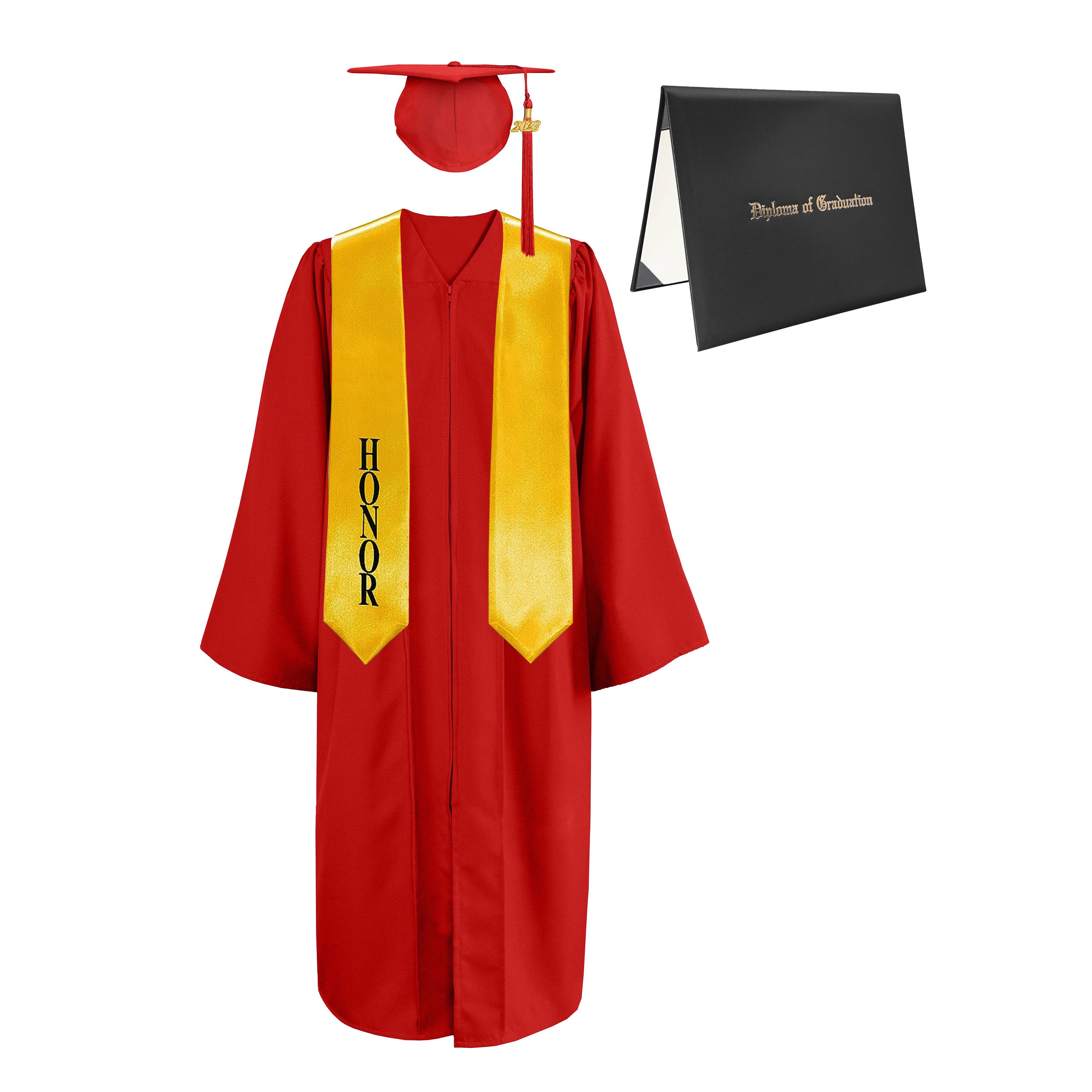 Matte Cap, Gown, Tassel,Honor Stole 60”& Diploma Cover Package-CA graduation