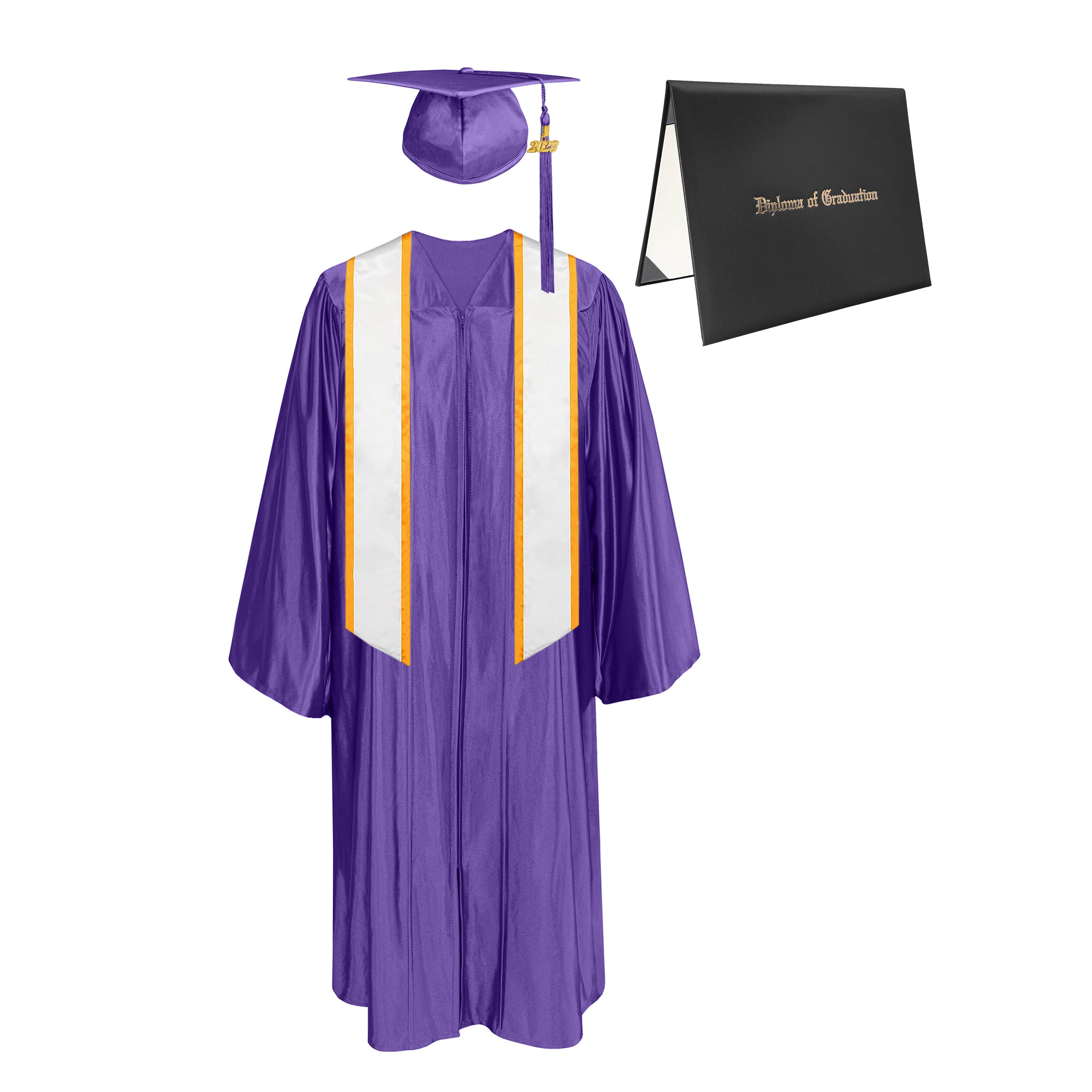 Shiny Cap, Gown, Tassel,Honor Stole Angled End with Trim 72” & Diploma Cover Package-CA graduation