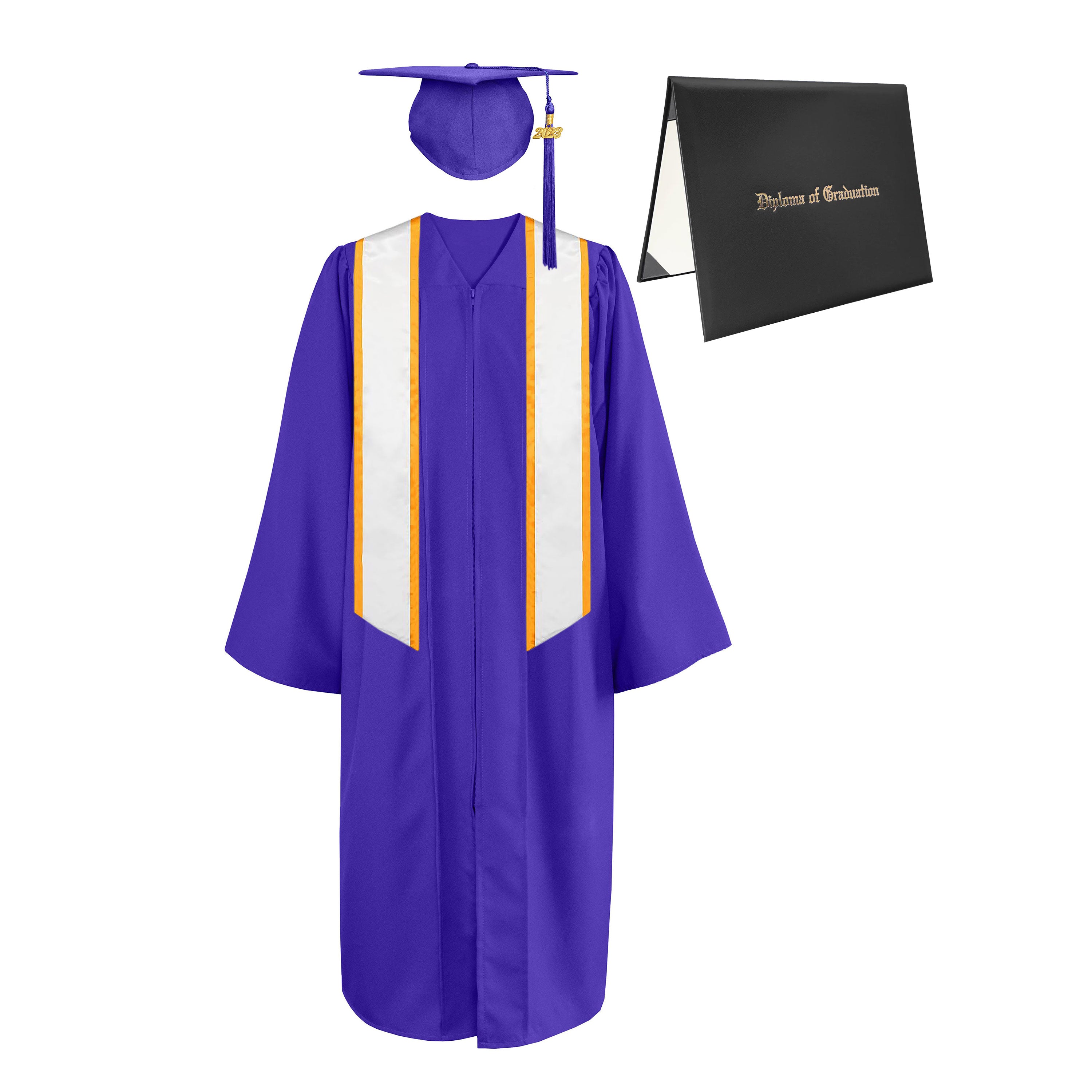 Matte Cap, Gown, Tassel,Honor Stole Angled End with Trim 72” & Diploma Cover Package-CA graduation