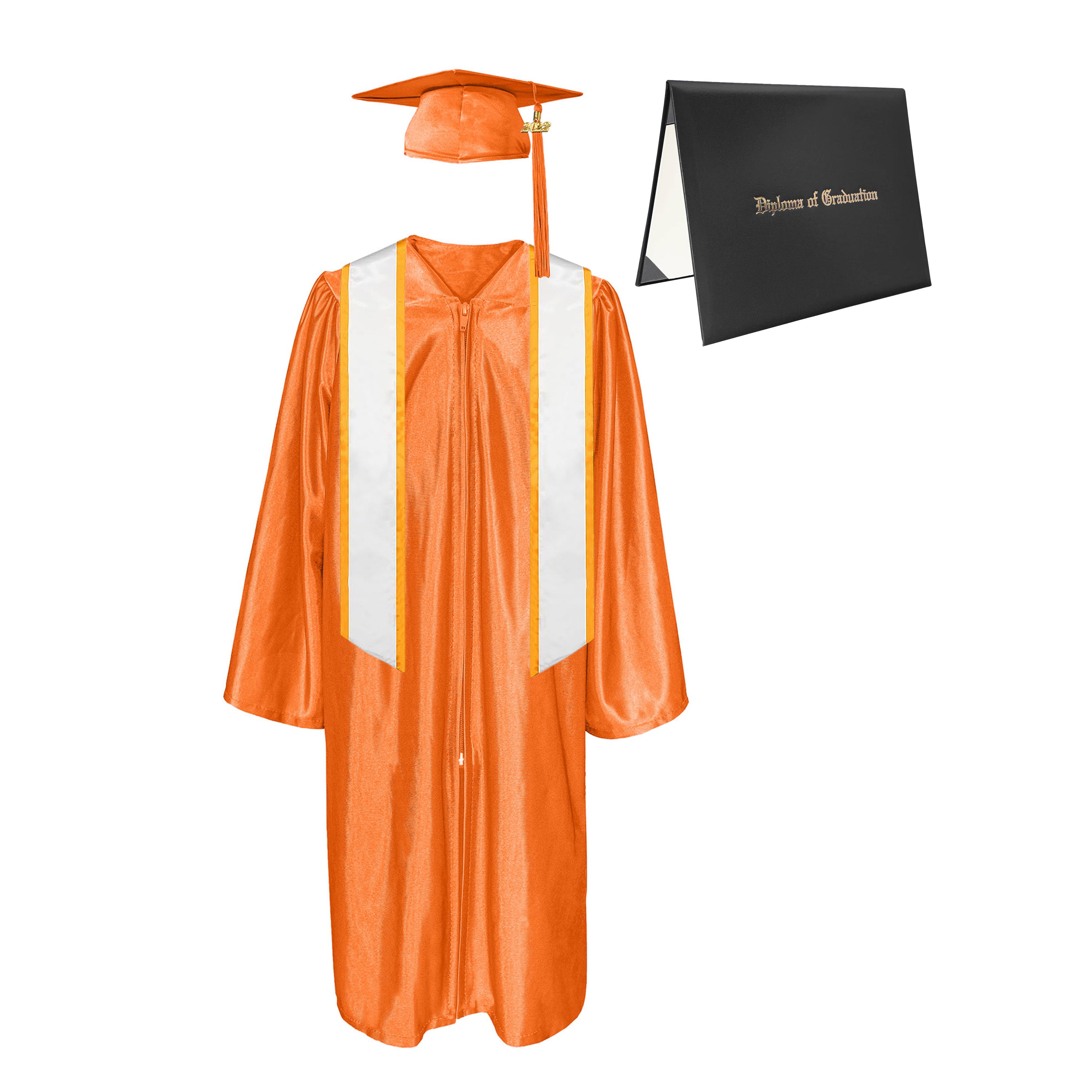 Shiny Cap, Gown, Tassel,Honor Stole Angled End with Trim 72” & Diploma Cover Package-CA graduation