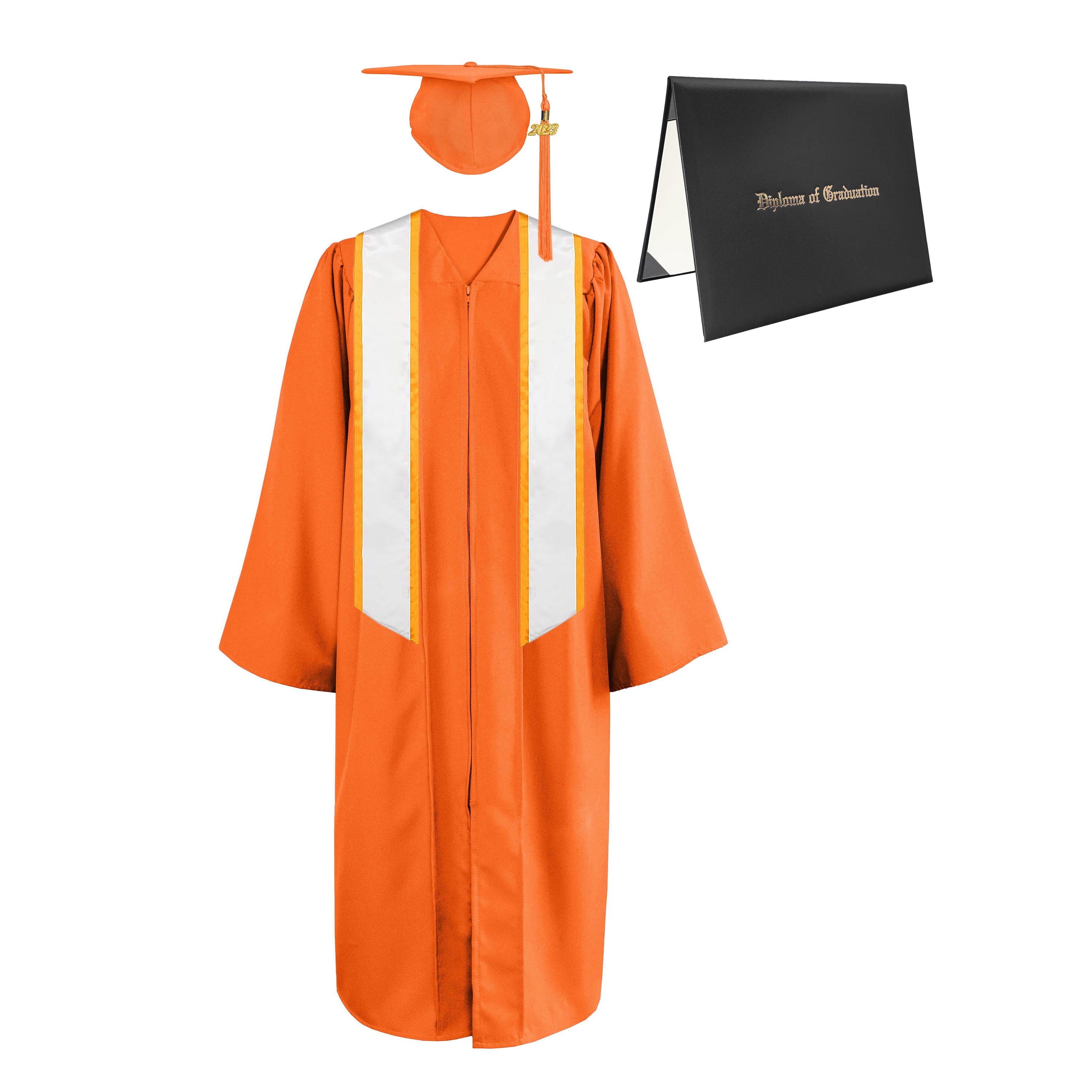 Matte Cap, Gown, Tassel,Honor Stole Angled End with Trim 72” & Diploma Cover Package-CA graduation