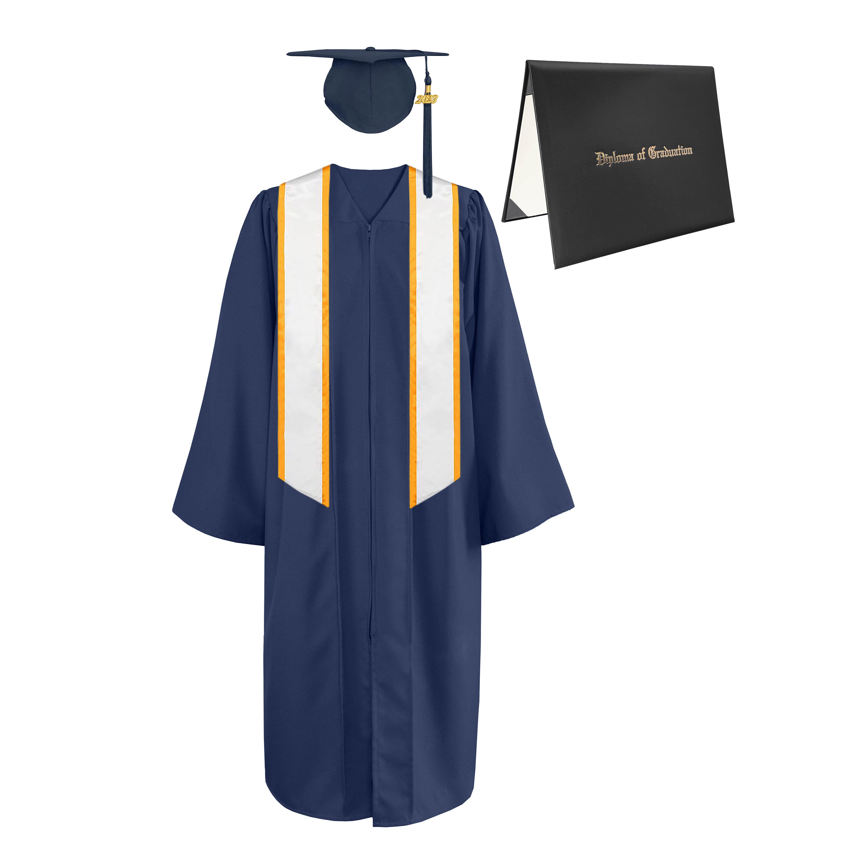 Matte Cap, Gown, Tassel,Honor Stole Angled End with Trim 72” & Diploma Cover Package-CA graduation