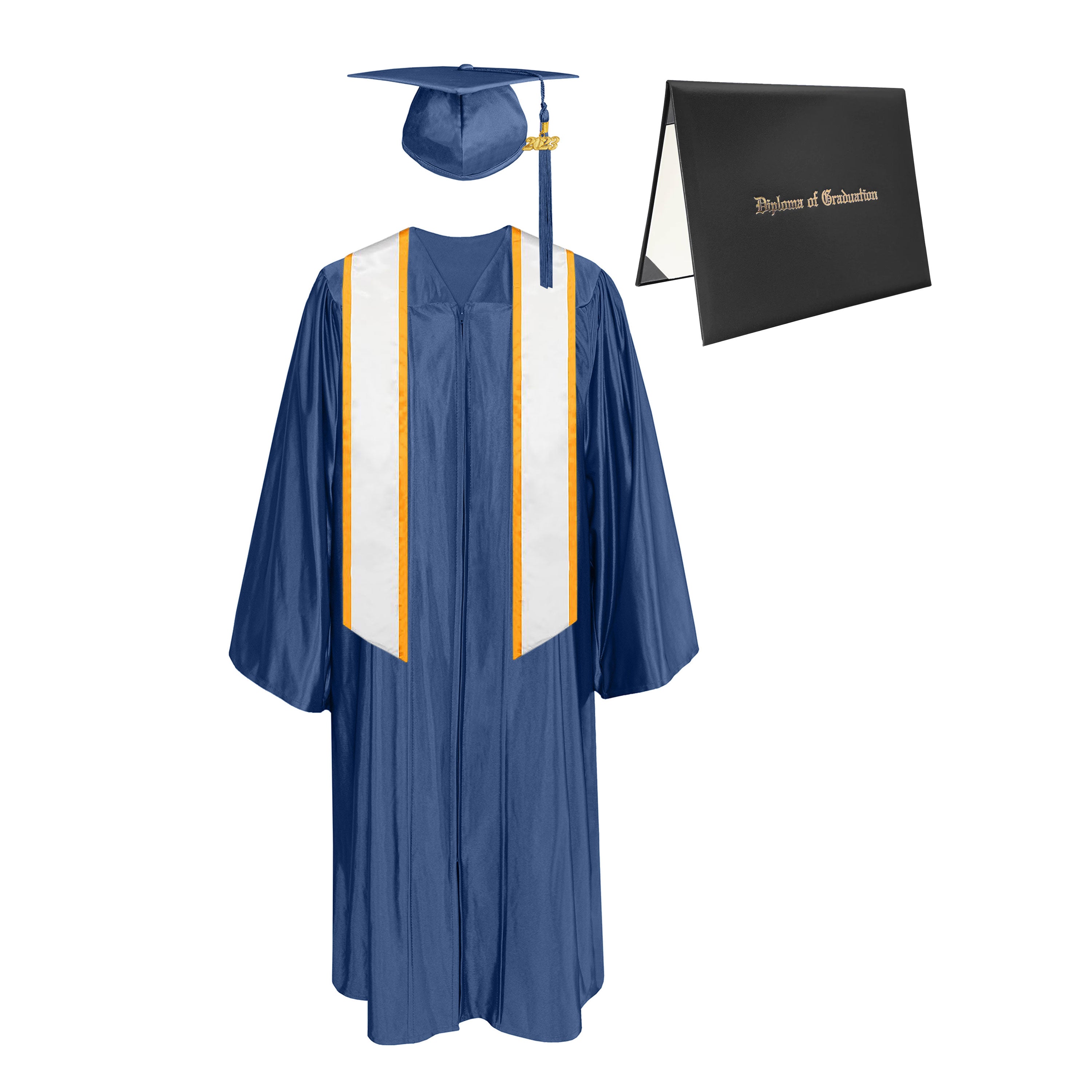 Shiny Cap, Gown, Tassel,Honor Stole Angled End with Trim 72” & Diploma Cover Package-CA graduation