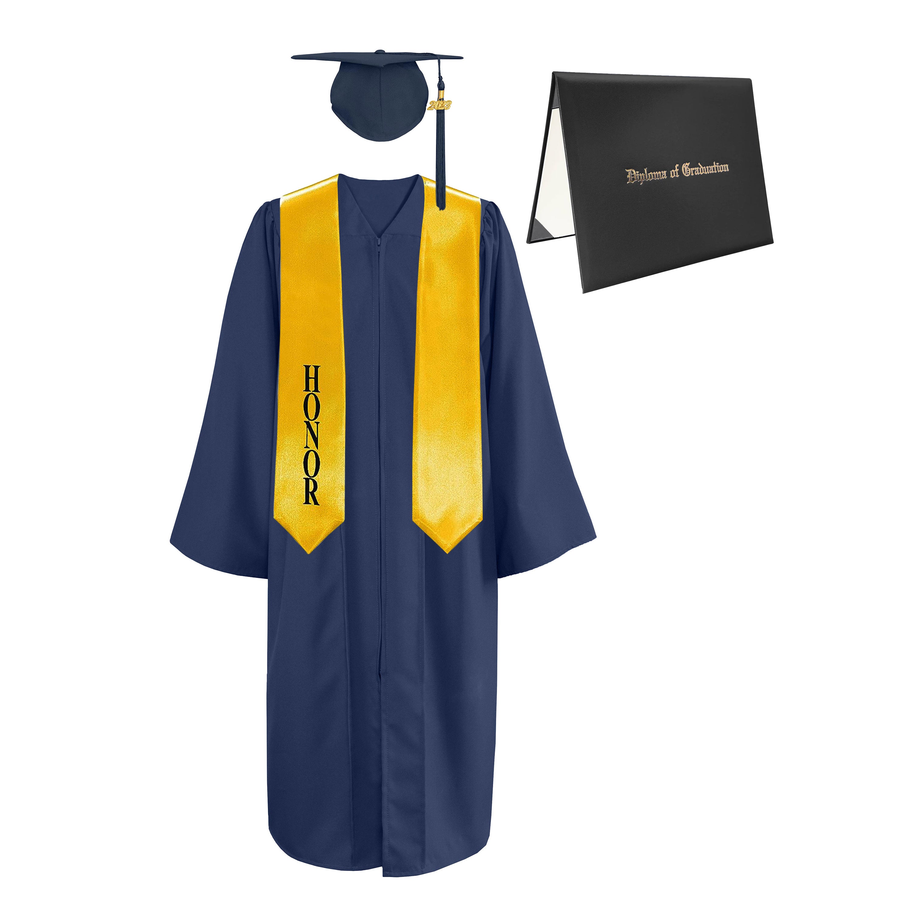Matte Cap, Gown, Tassel,Honor Stole 60”& Diploma Cover Package-CA graduation