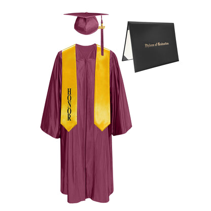 Shiny Cap, Gown, Tassel,Honor Stole 60”& Diploma Cover Package-CA graduation