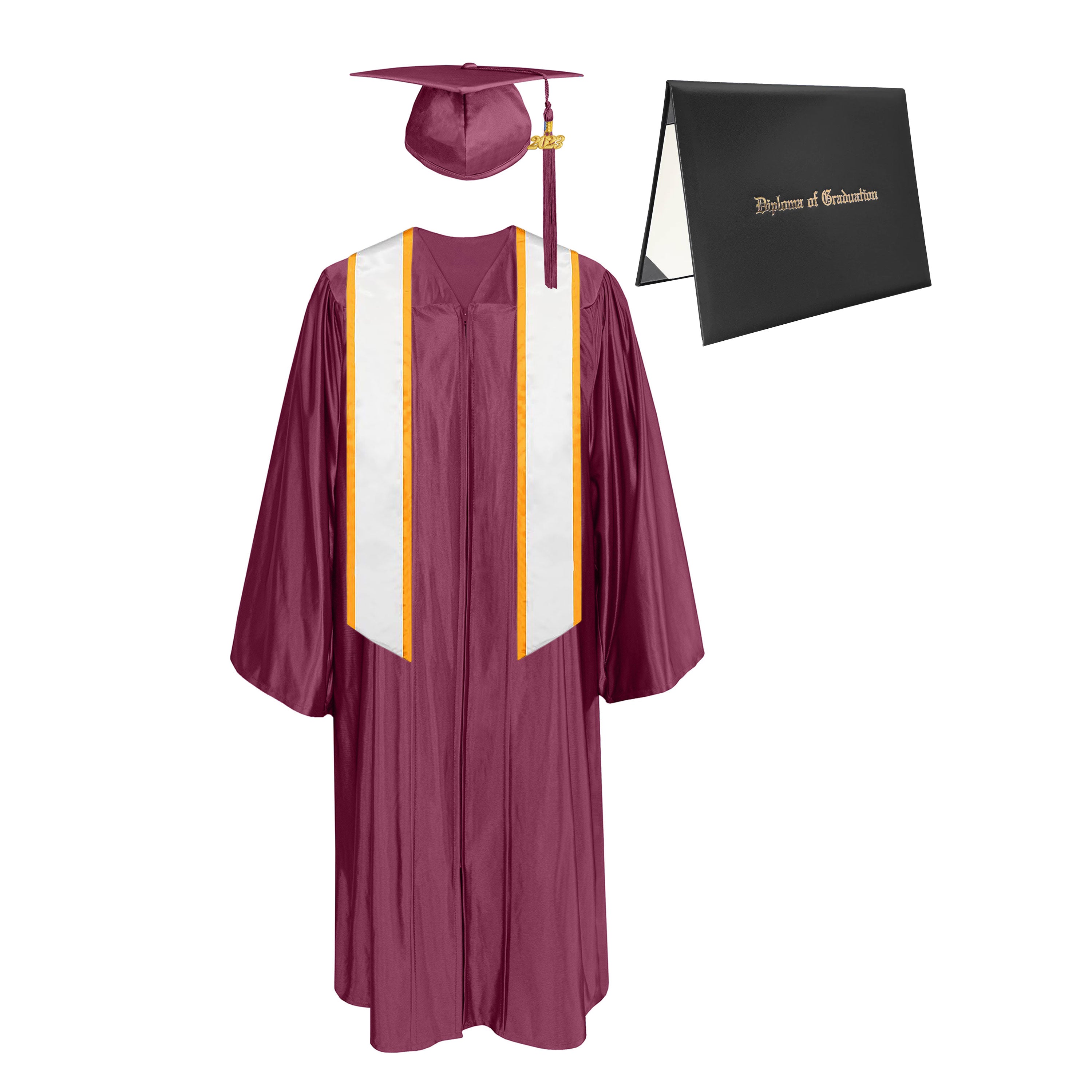 Shiny Cap, Gown, Tassel,Honor Stole Angled End with Trim 72” & Diploma Cover Package-CA graduation
