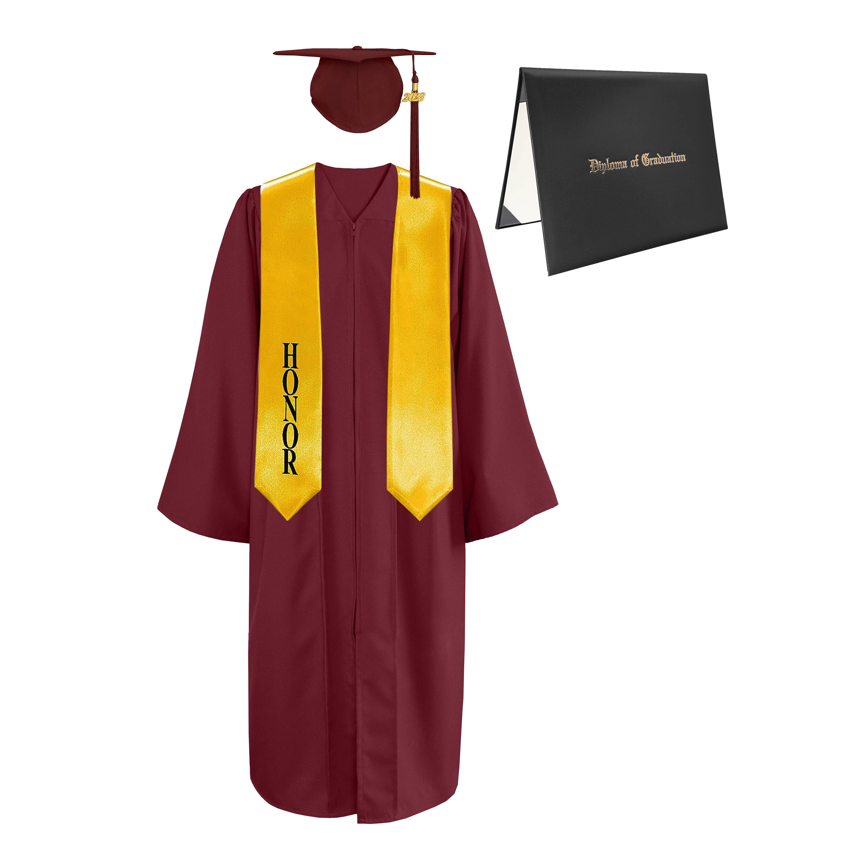 Matte Cap, Gown, Tassel,Honor Stole 60”& Diploma Cover Package-CA graduation