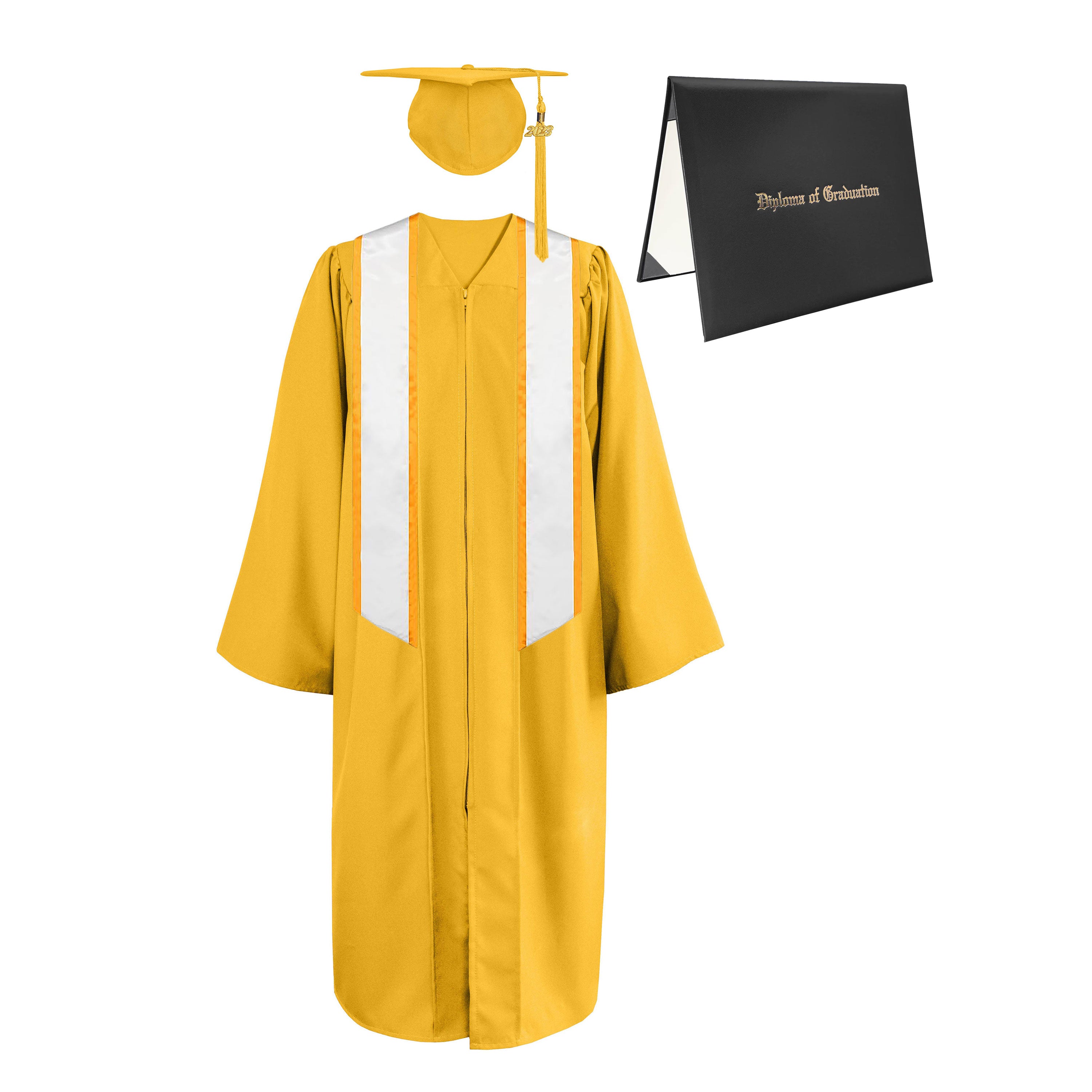 Matte Cap, Gown, Tassel,Honor Stole Angled End with Trim 72” & Diploma Cover Package-CA graduation