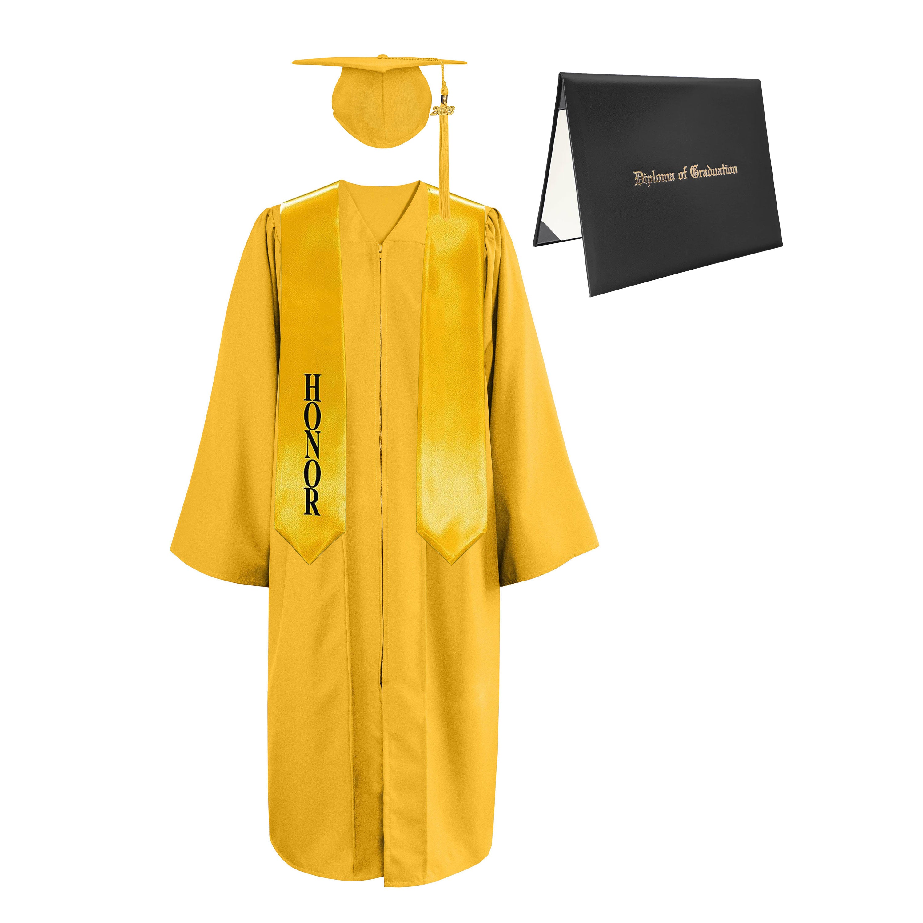 Matte Cap, Gown, Tassel,Honor Stole 60”& Diploma Cover Package-CA graduation
