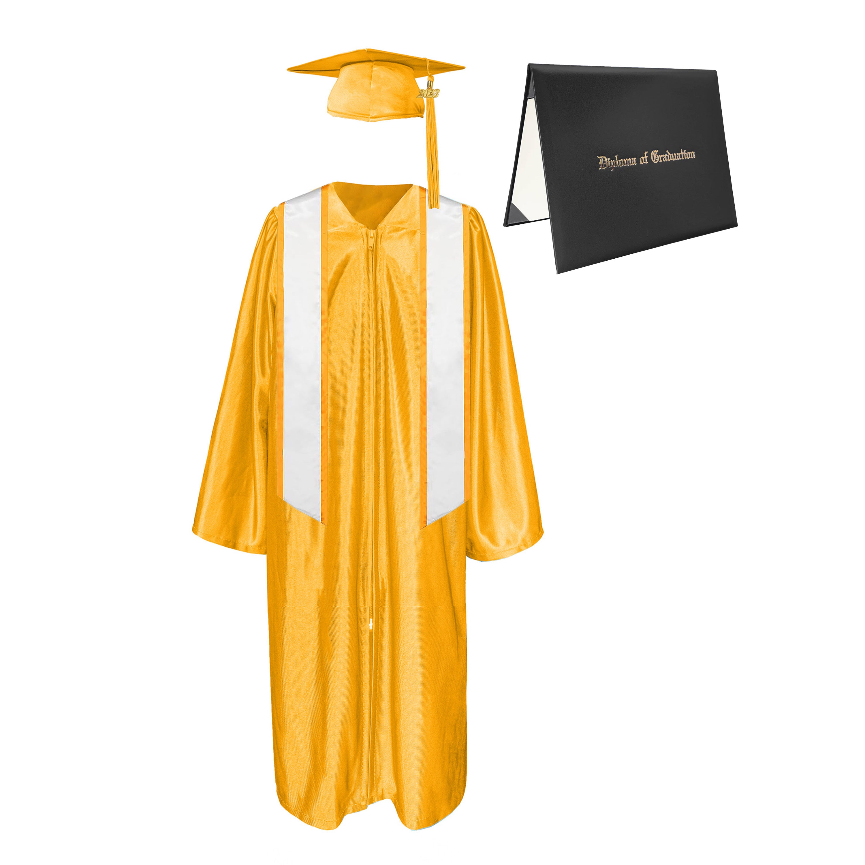 Shiny Cap, Gown, Tassel,Honor Stole Angled End with Trim 72” & Diploma Cover Package-CA graduation