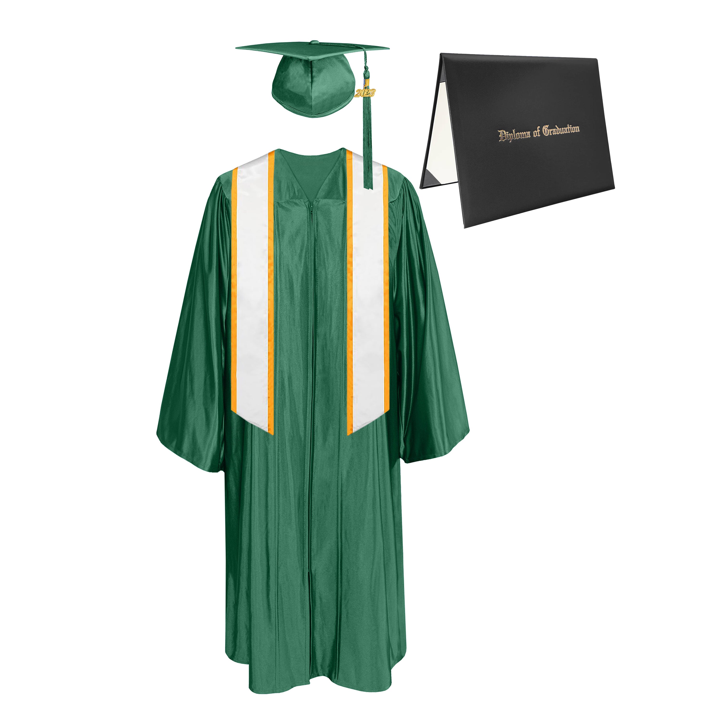 Shiny Cap, Gown, Tassel,Honor Stole Angled End with Trim 72” & Diploma Cover Package-CA graduation